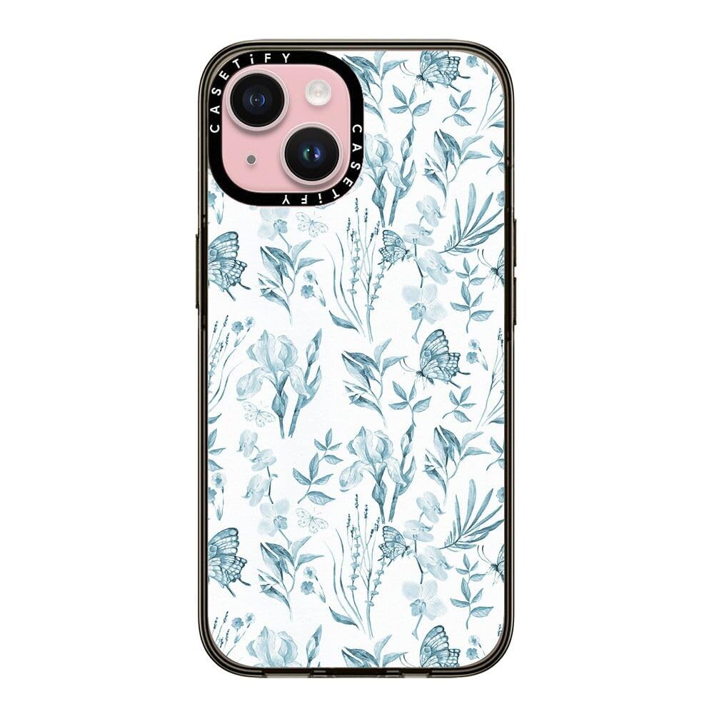 Casetify Compact Case For Iphone 15 [2X Military Grade Drop Tested / 4Ft Drop Protection]   Elegant Pastel Blue Vintage Butterfl