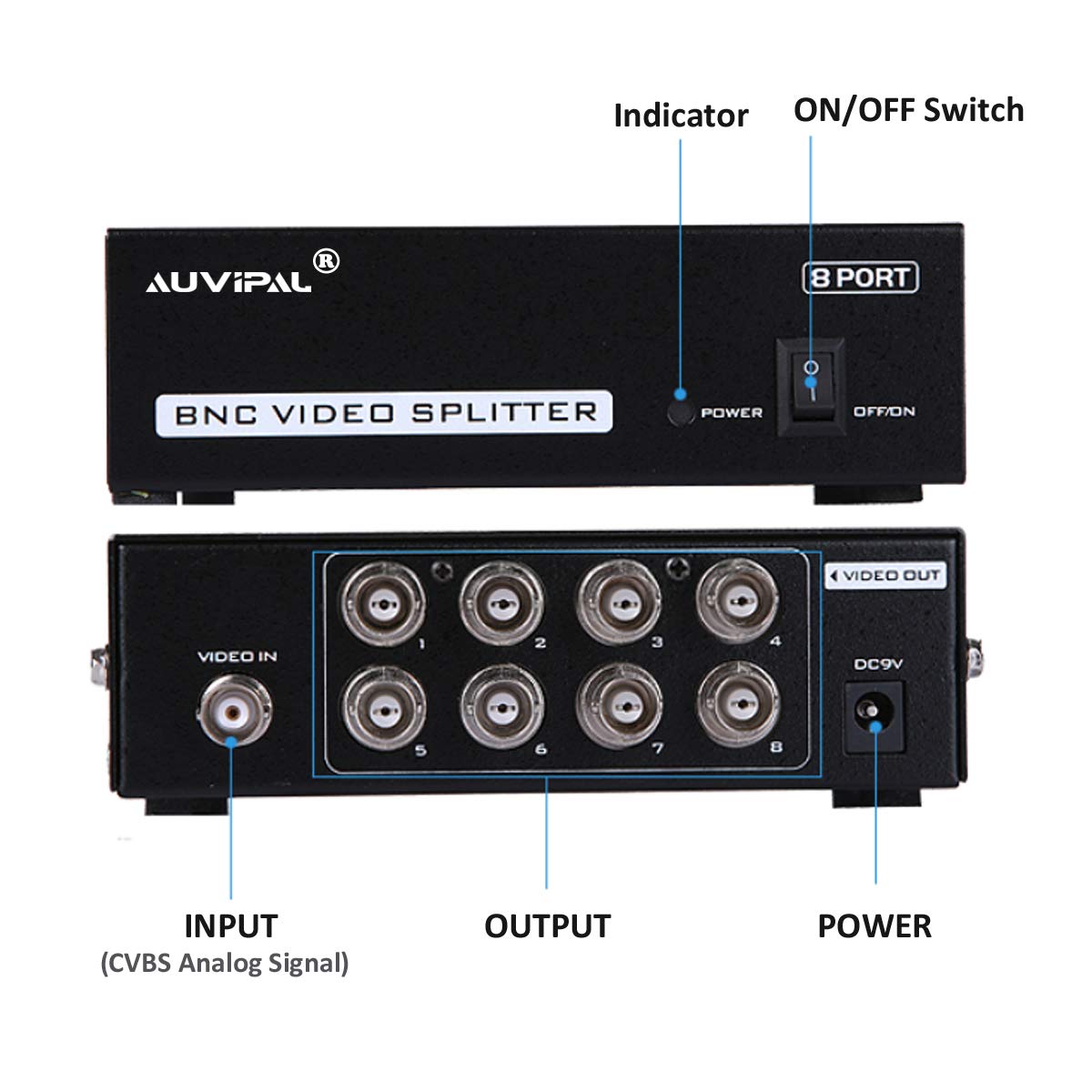 Auvipal 8 Port (1 Input 8 Output) Bnc Video Splitter Box 1080P Coaxial Distributor Amplifier For Video Monitoring System Cctv Se