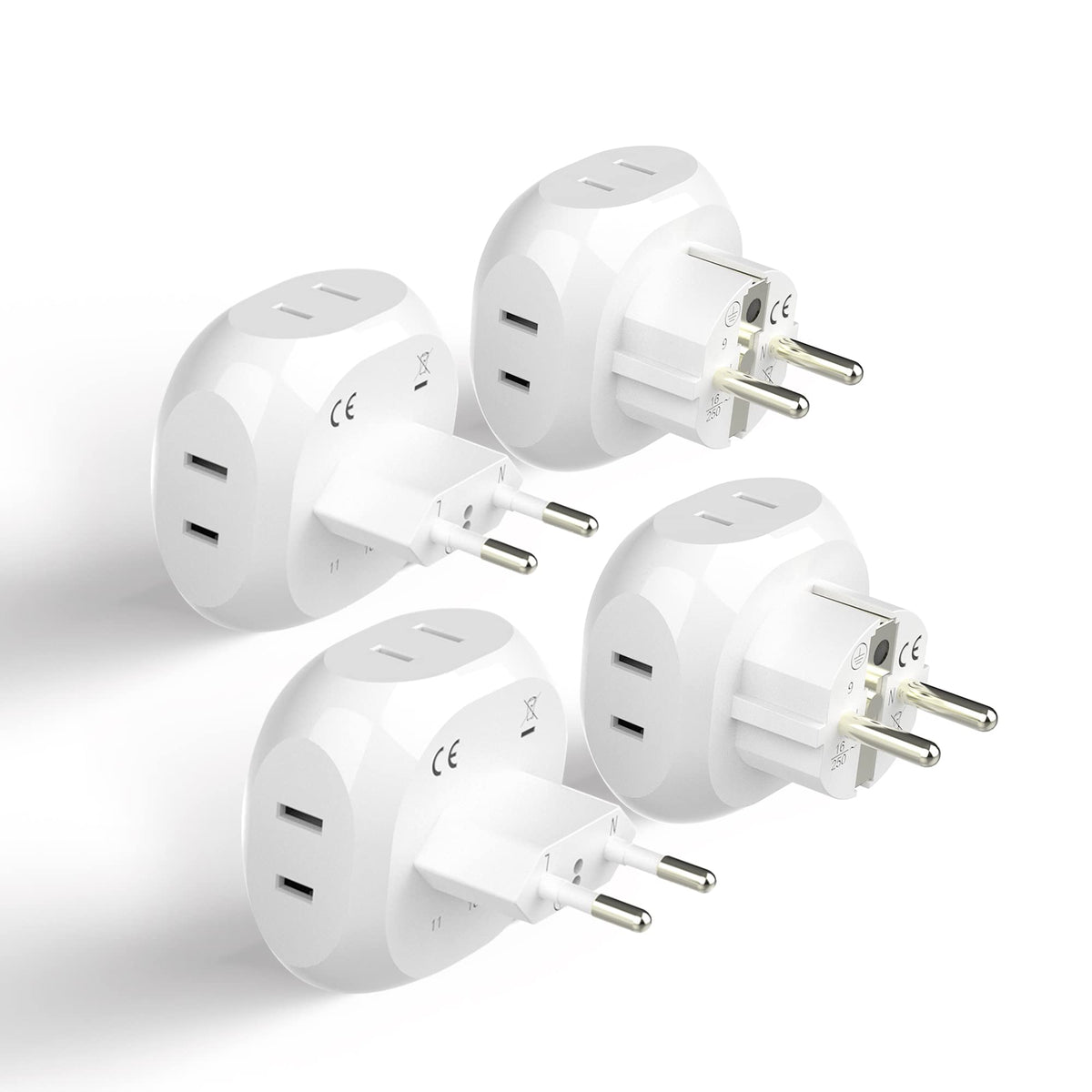 Ceptics Europe Travel Adapter Plug Set Schuko   4 Input   Ultra Compact   Light Weight Type C, Type E/F   Usa To Any Type C E/F Countries Such As Germany, France  4 Pack (Pt 9 9C 4Pk),White