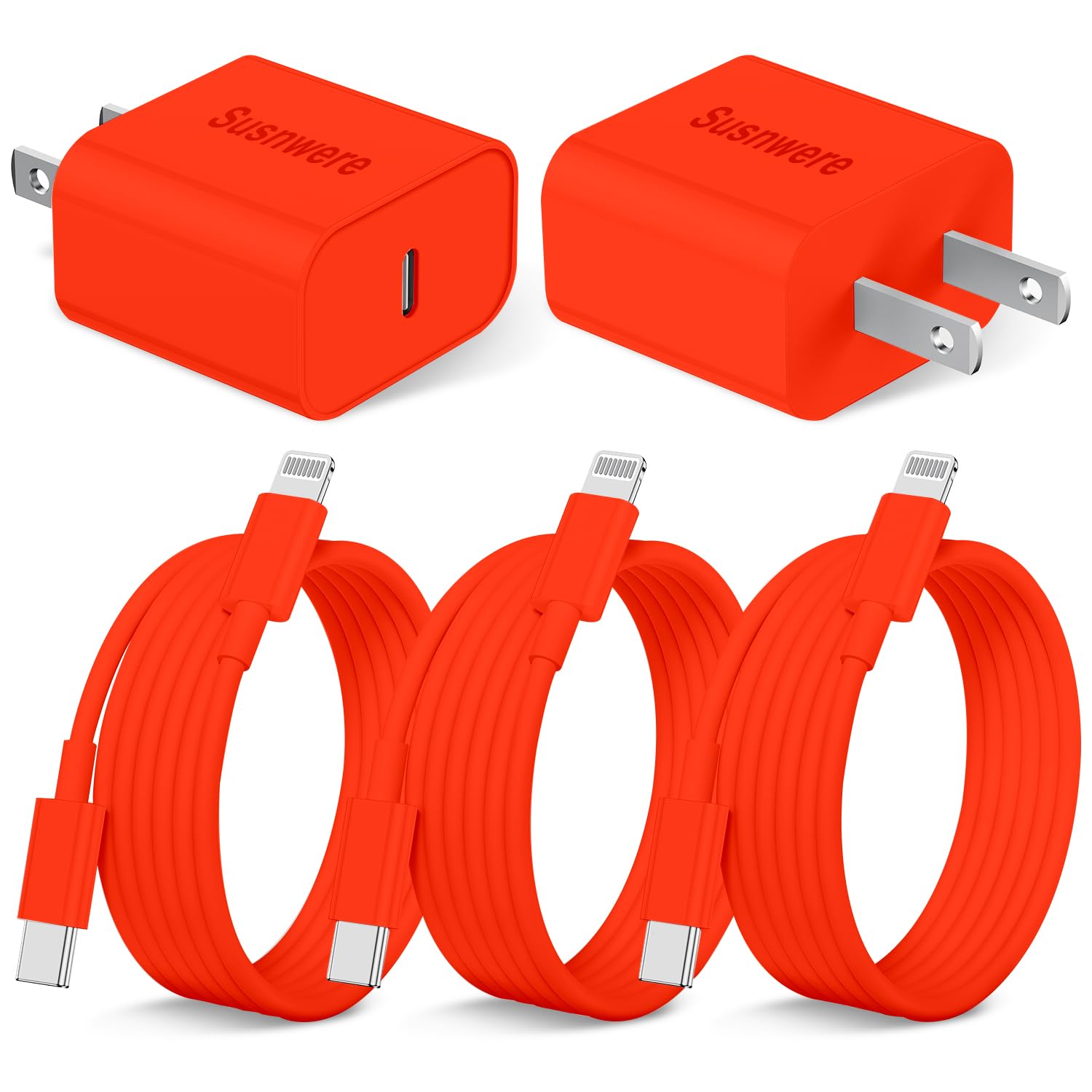 Susnwere Iphone 14 13 12 Charger Fast Charging, 2 Pack 20W Fast Pd Usb C Wall Charger Adapter With 3Pack 6Ft Usb C To Lightning Cable (Mfi Certified) For 14/14 Plus/14 Pro/14 Pro Max/13/ Red