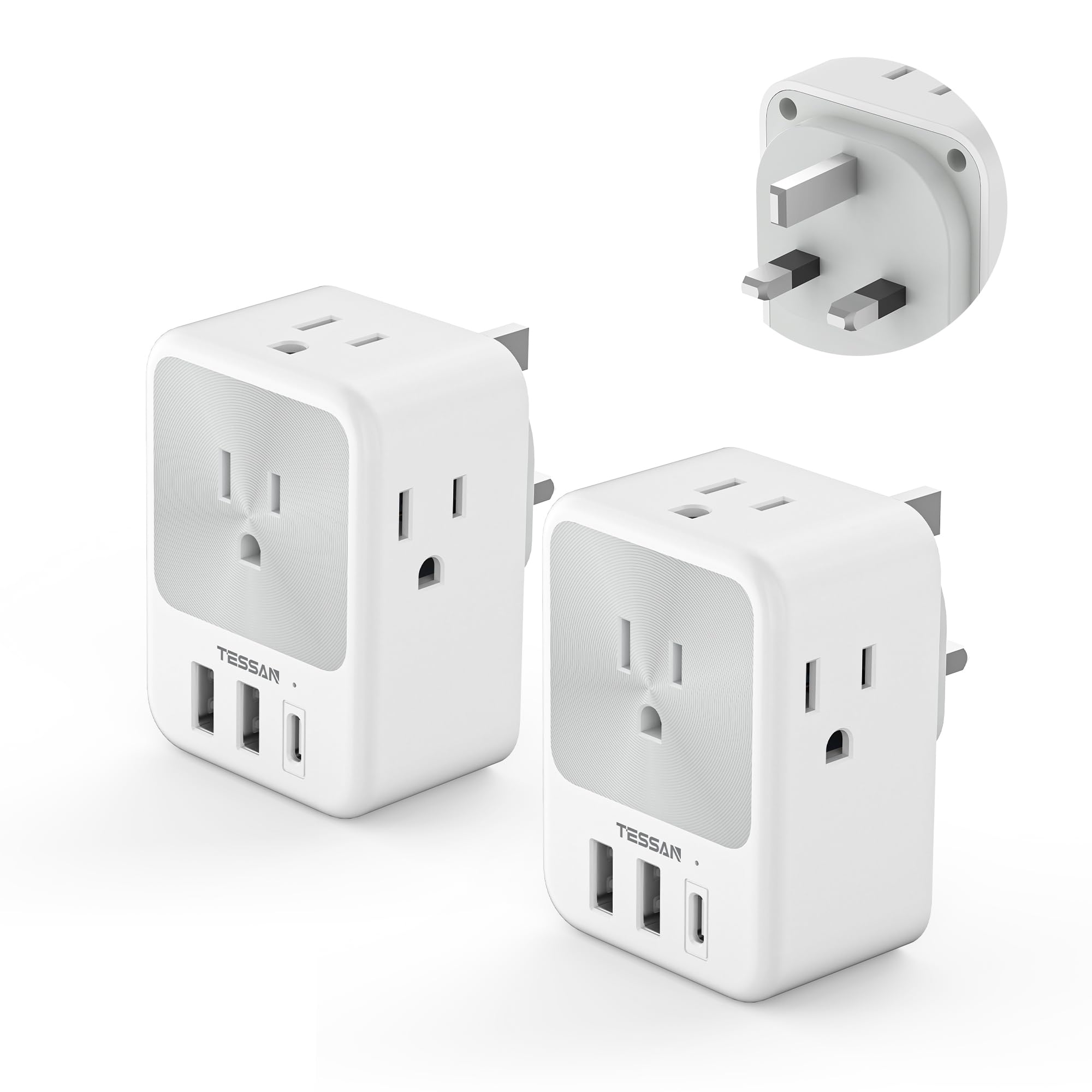 Uk Travel Plug Adapter 2 Pack, Tessan Us To Uk Power Adaptor With 4 Outlets 3 Usb Charger (1 Usb C Port), Type G Plug For Usa To