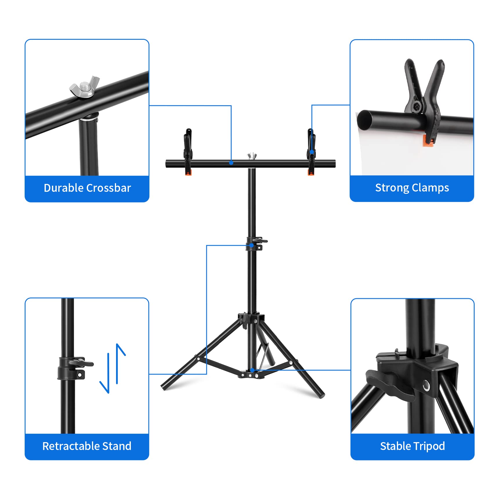Selens Photography Backdrop Stand 30 Inches Small T Shape Support Light Stands Mini Holder For Photo Studio Tabletop Desktop Background Paper, T Shape Background Support Stand Crossbar With 2 Clamps