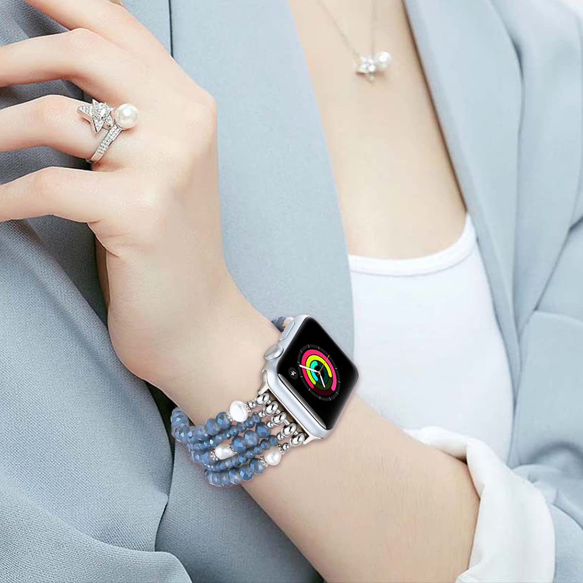 Fastgo Beaded Bracelet Band Compatible With Apple Watch 38Mm 41Mm 40Mm 44Mm 45Mm 42Mm 49Mm Series 7 Women, Pearl Elastic Stretch