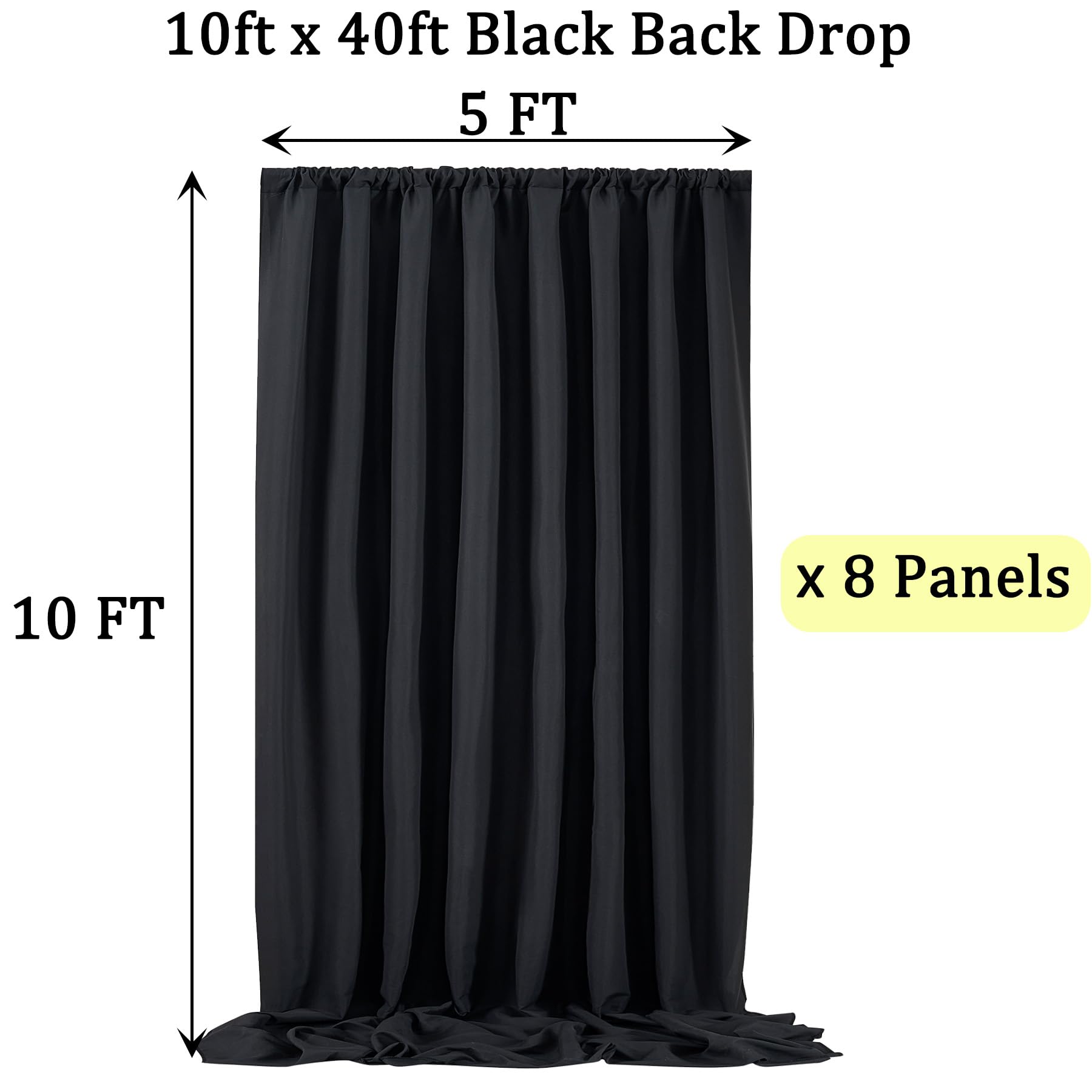 40Ft X 10Ft Black Backdrop Curtain Panels For Parties, 8 Panels 5Ftx10Ft Thick Wrinkle Resistant Polyester Backdrop Drapes For B