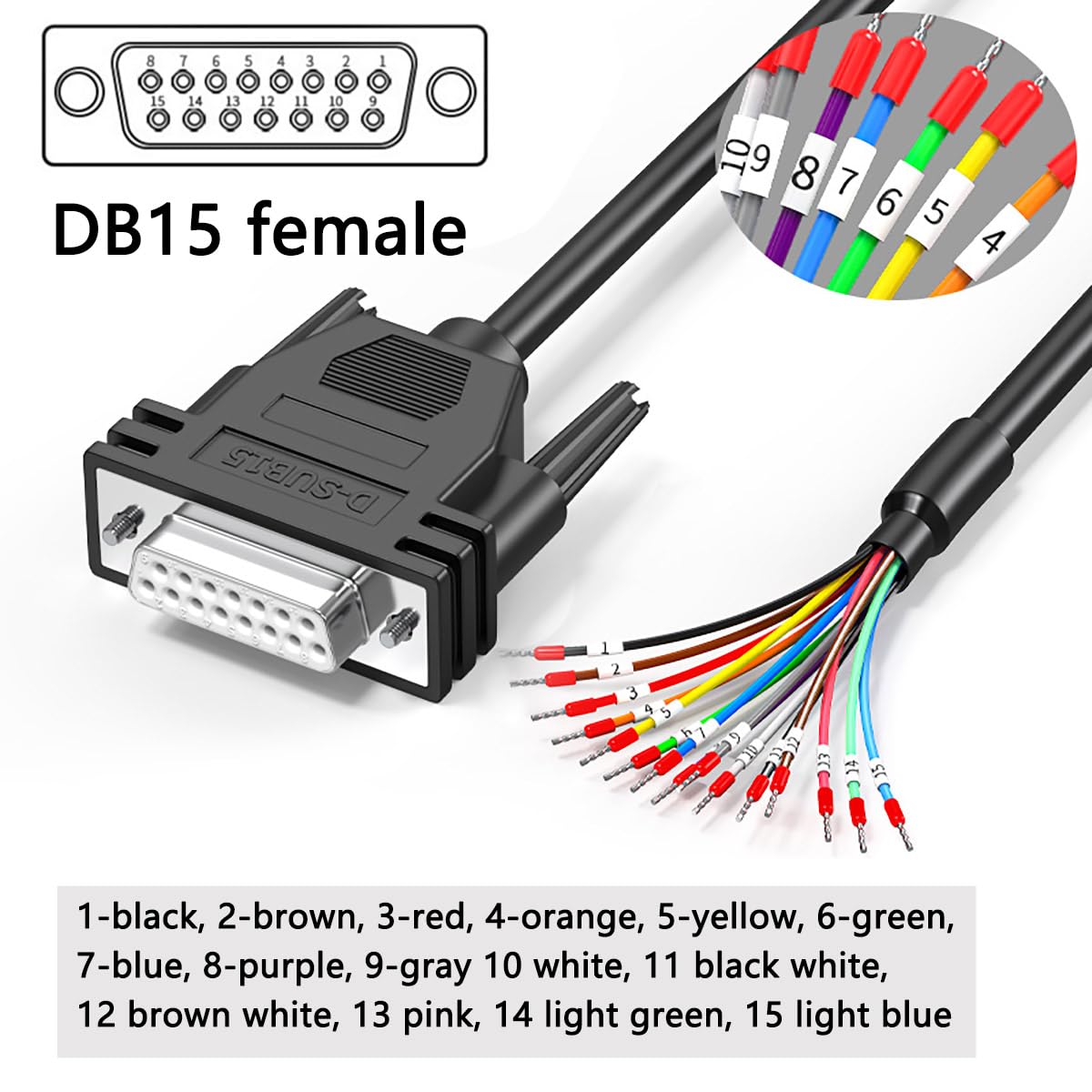 Juxinice Db15 Female To Bare Wire With Cable Marker 3.3Ft,D Sub 15 Pin Connector To Bare Wires End Open Cable,Db15 Cable 15 Wire