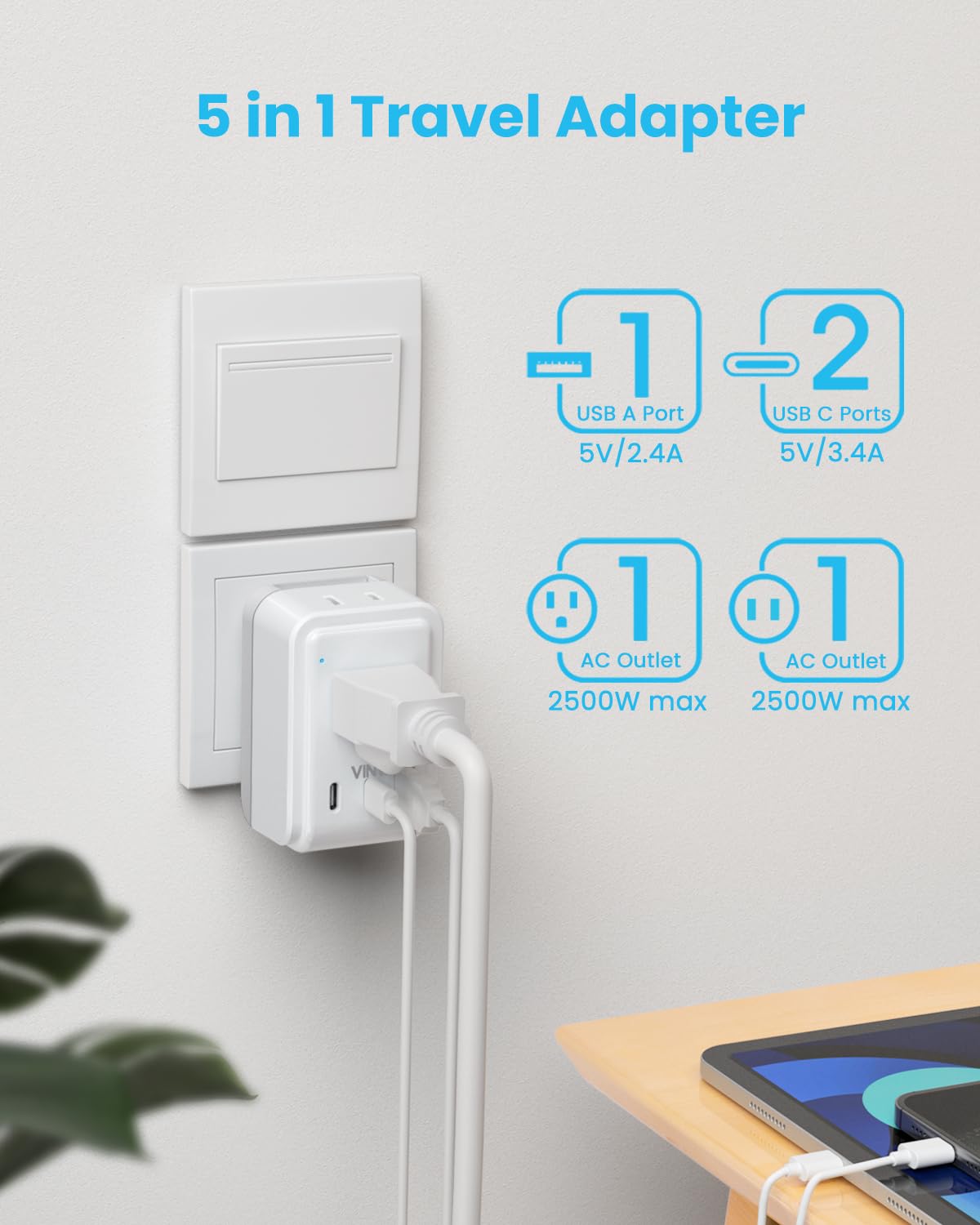 Universal Travel Adapter Kit, Vintar International Plug Adapter With 3 Usb Ports(2 Usb C, 3.4A) And 2 American Outlets, Type A,C