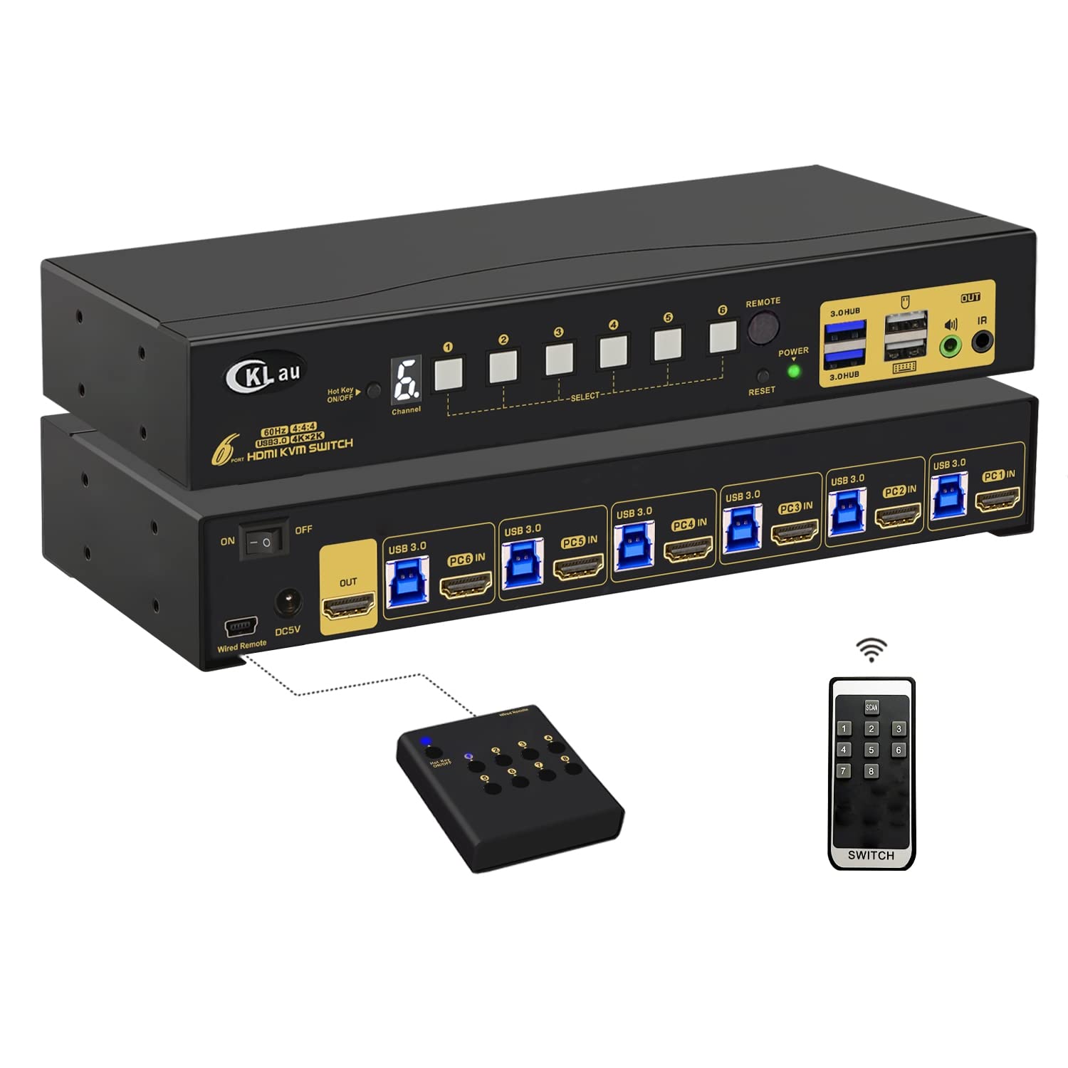Cklau 6 Port Rack Mount Kvm Switch Hdmi 2.0 4K60Hz With Audio, 2 Pcs Usb 3.0 Peripheral Hub, And Cables For 6 Computers 1 Monito
