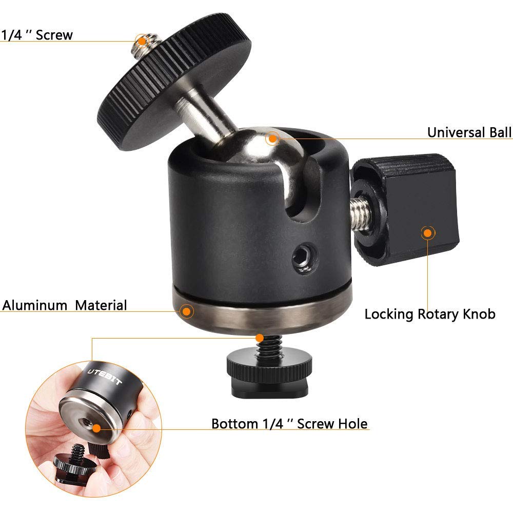 Utebit Mini Ball Head, Tripod Head With 1/4' Hot Shoe, 360� Rotatable Ball Heads Camera Mount Adapter, Aluminium 20Mm Ballhead Compatible With Tripods, Monopods, Htc Vive, Slr Cameras Loading 6.6Lb