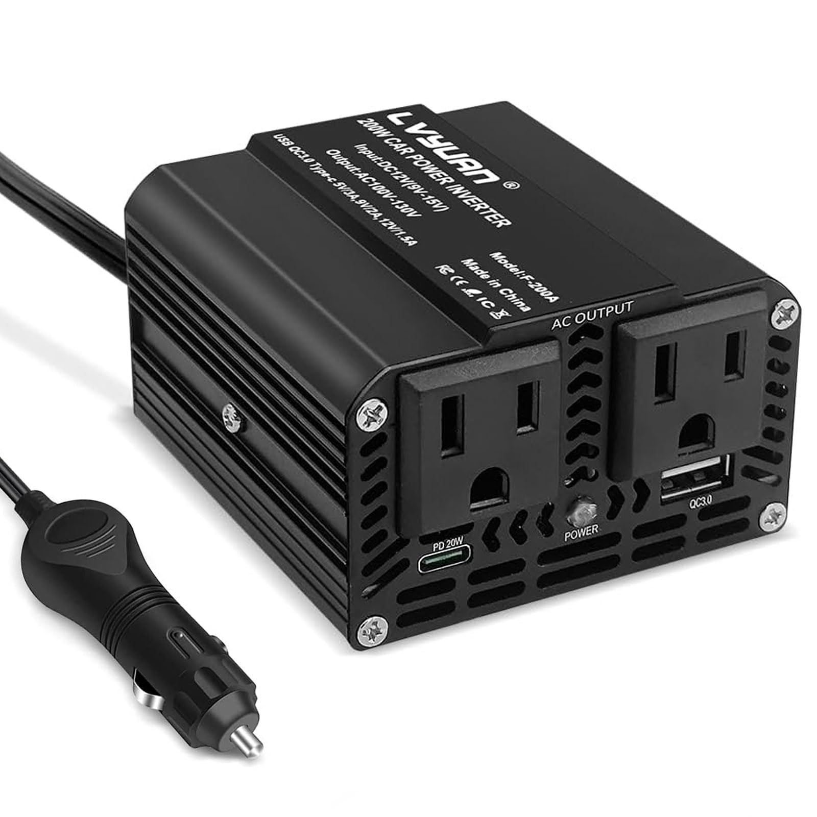 200W Car Power Inverter, Lvyuan Fast-Charging Car Outlet Adapter 20W Pd/18W Qc Inverter Dc 12V To 110V Ac Car Converter With Dis