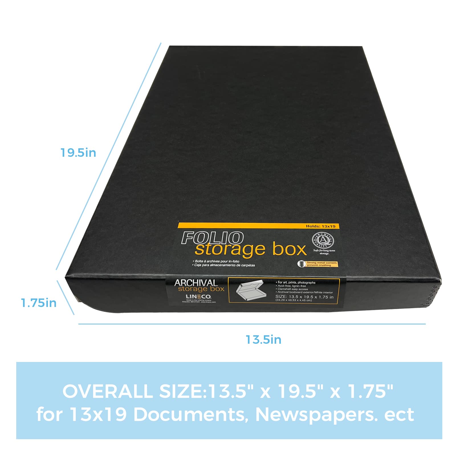 Lineco Folio Storage Box, Clamshell Design With Metal Edge. 13.5X19.5X1.75 Inches, Archival Boxboard, Preserve Photos, Cards, Magazines, Documents, Art, Ephemera, Family Records, Black, Pack Of 1