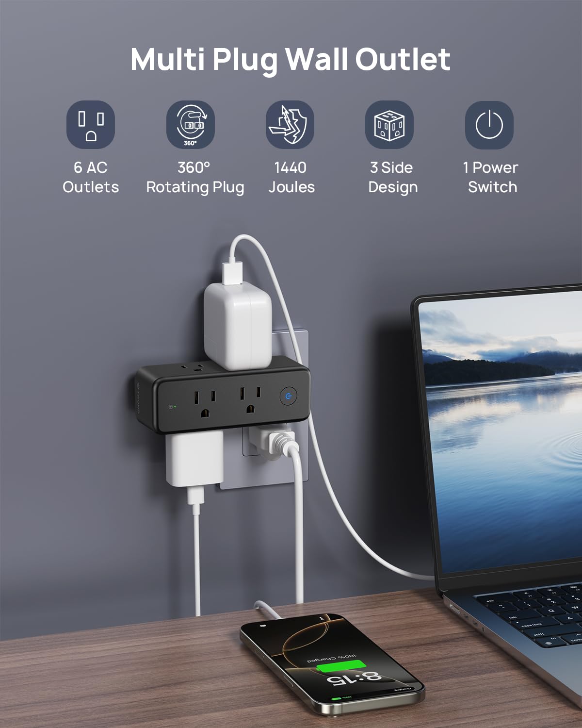 Trond Outlet Extender Surge Protector   6 Ac Outlet Splitter With 360? Rotating Plug, 1440J Multi Plug Expander, 3 Way Swivel Pl