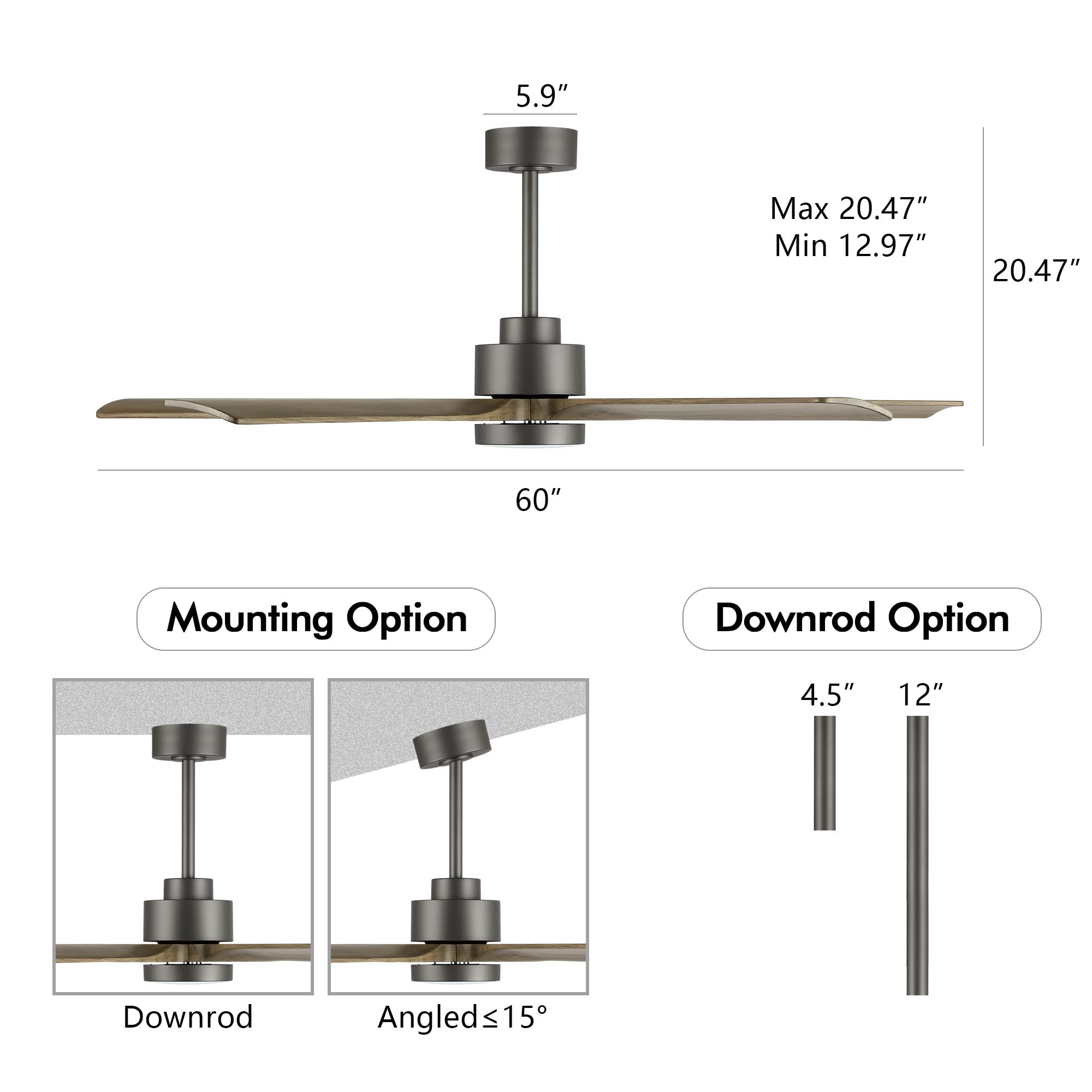 Elehinser 60'' Modern Ceiling Fan With Light And Remote Control, 5 Solid Wood Blades 6 Speed Noiseless Reversible Dc Motor, Ceil