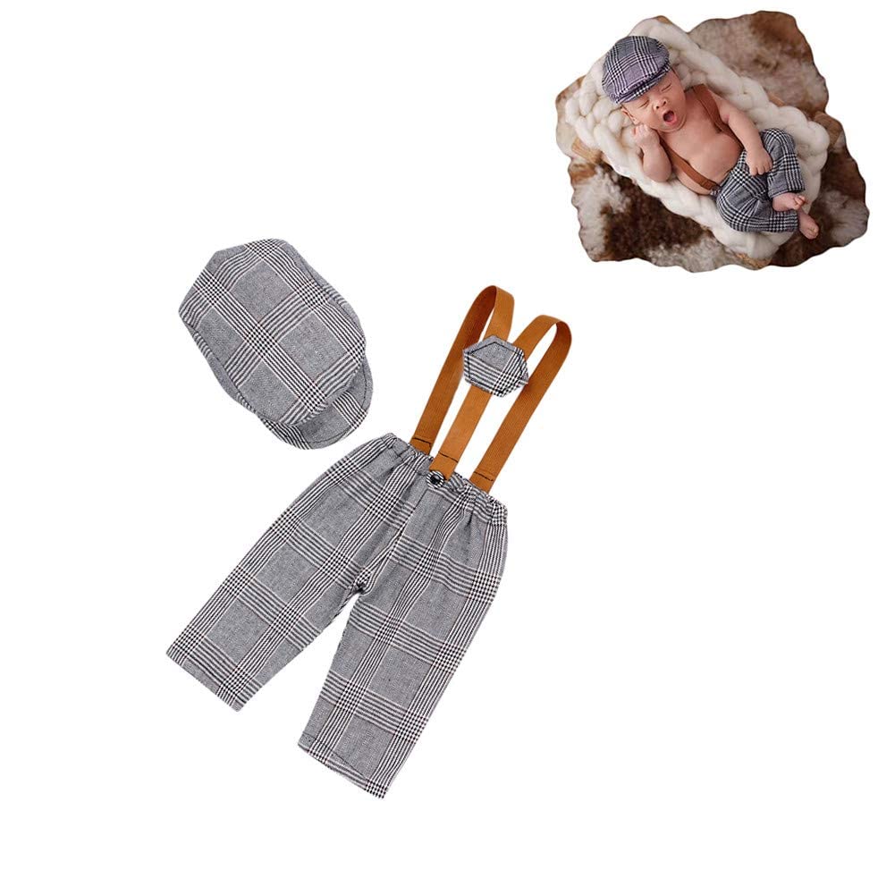 Coberllus Newborn Monthly Baby Photo Props Stripe Cool Boys Cap Rompers Photography (Silver Gray)