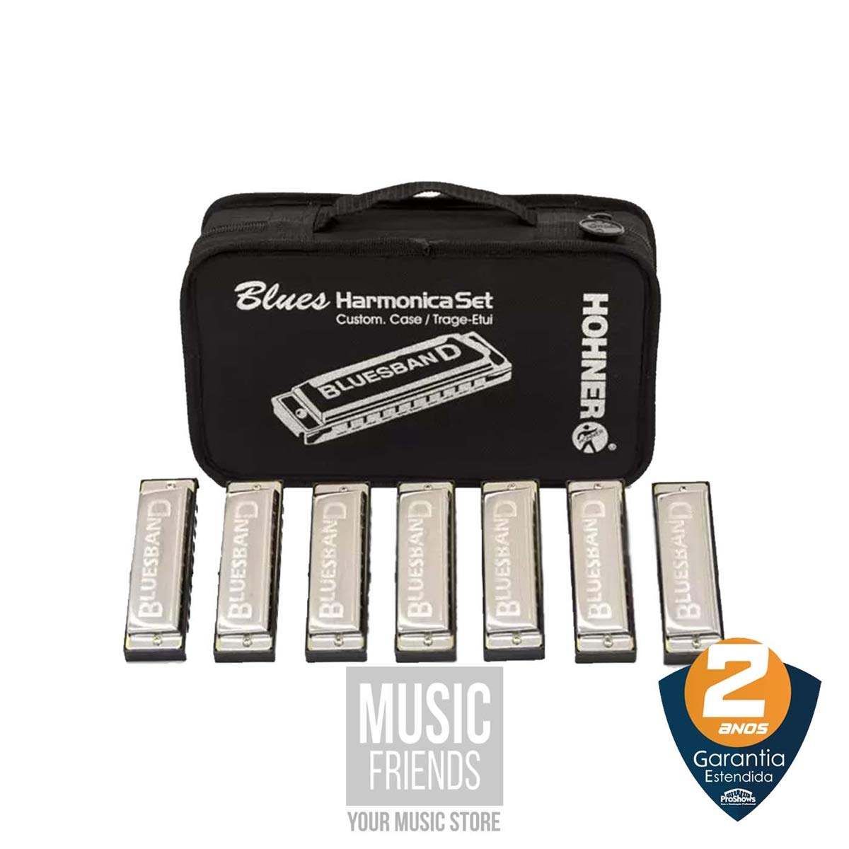 Hohner Accordions 1501/7 Bluesband Harmonica 7 Piece Set With Carrying Case, Chrome