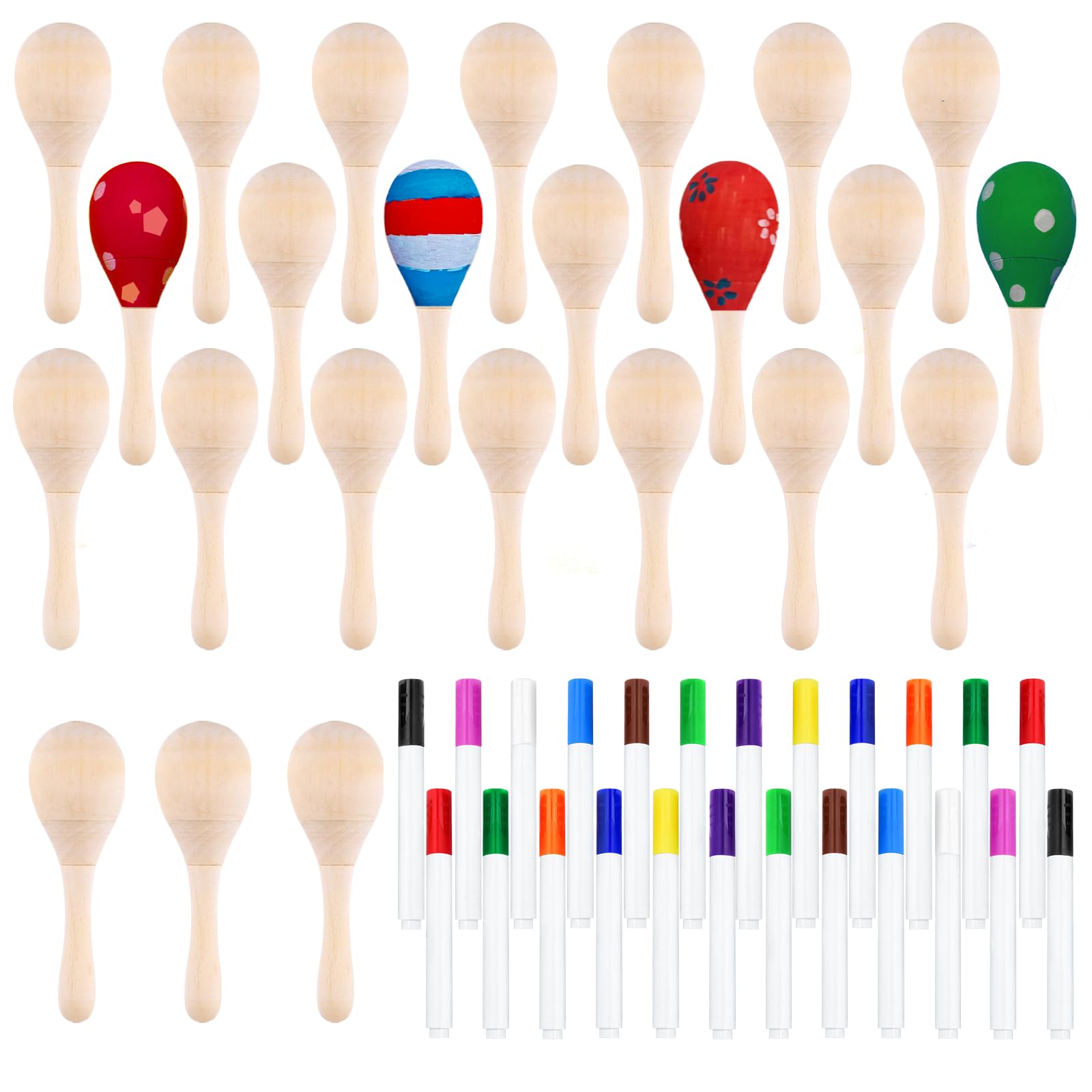 Chrorine 24/36Pcs Wooden Maracas For Kids, Diy Set With 24Pcs Color Pens, Maracas Musical Instruments For Cinco De Mayo Mexican