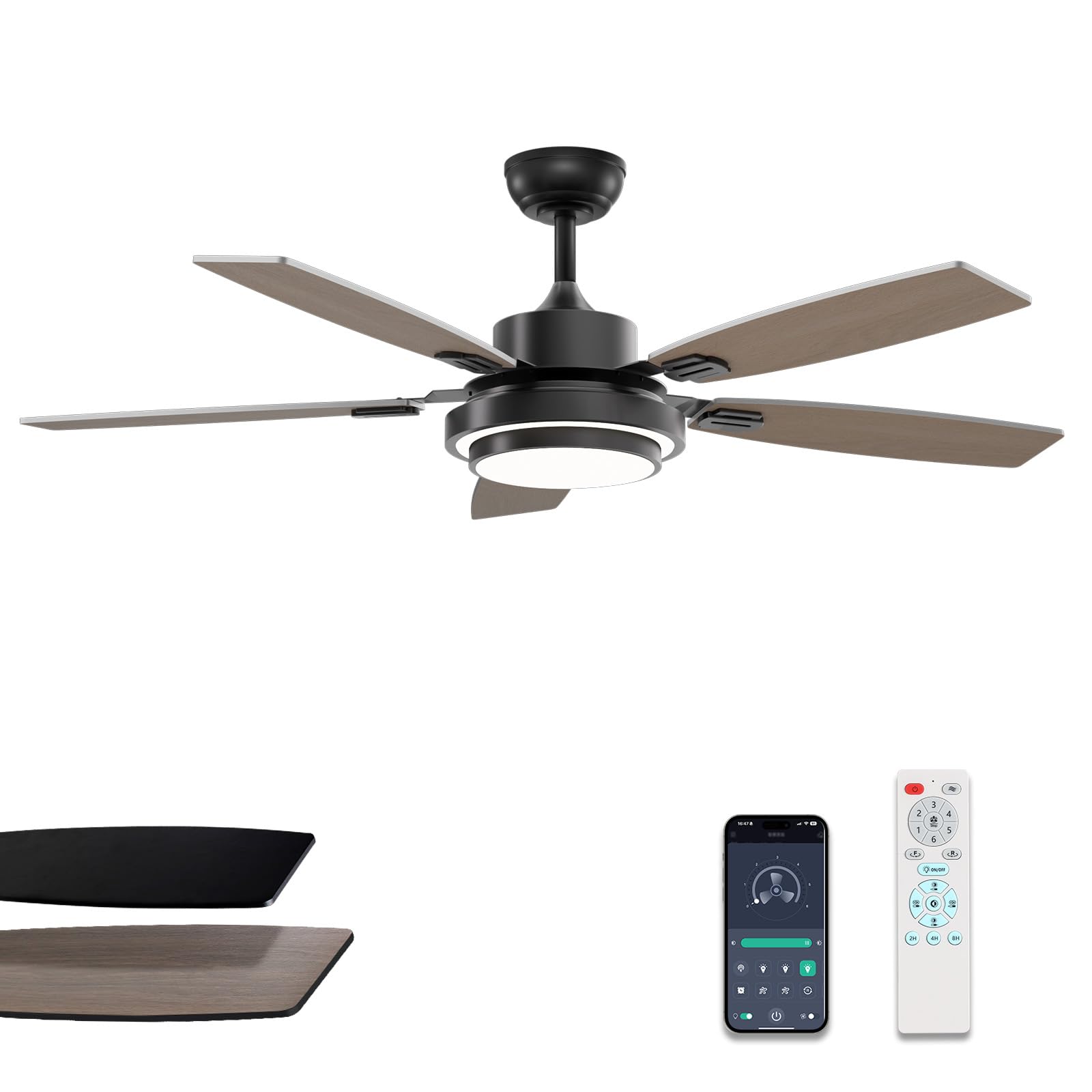 Ceiling Fans with Lights and Remote Control, Ceiling Fan for Bedroom Living Room and Patio, Medium Modern Black Ceiling Fan for 