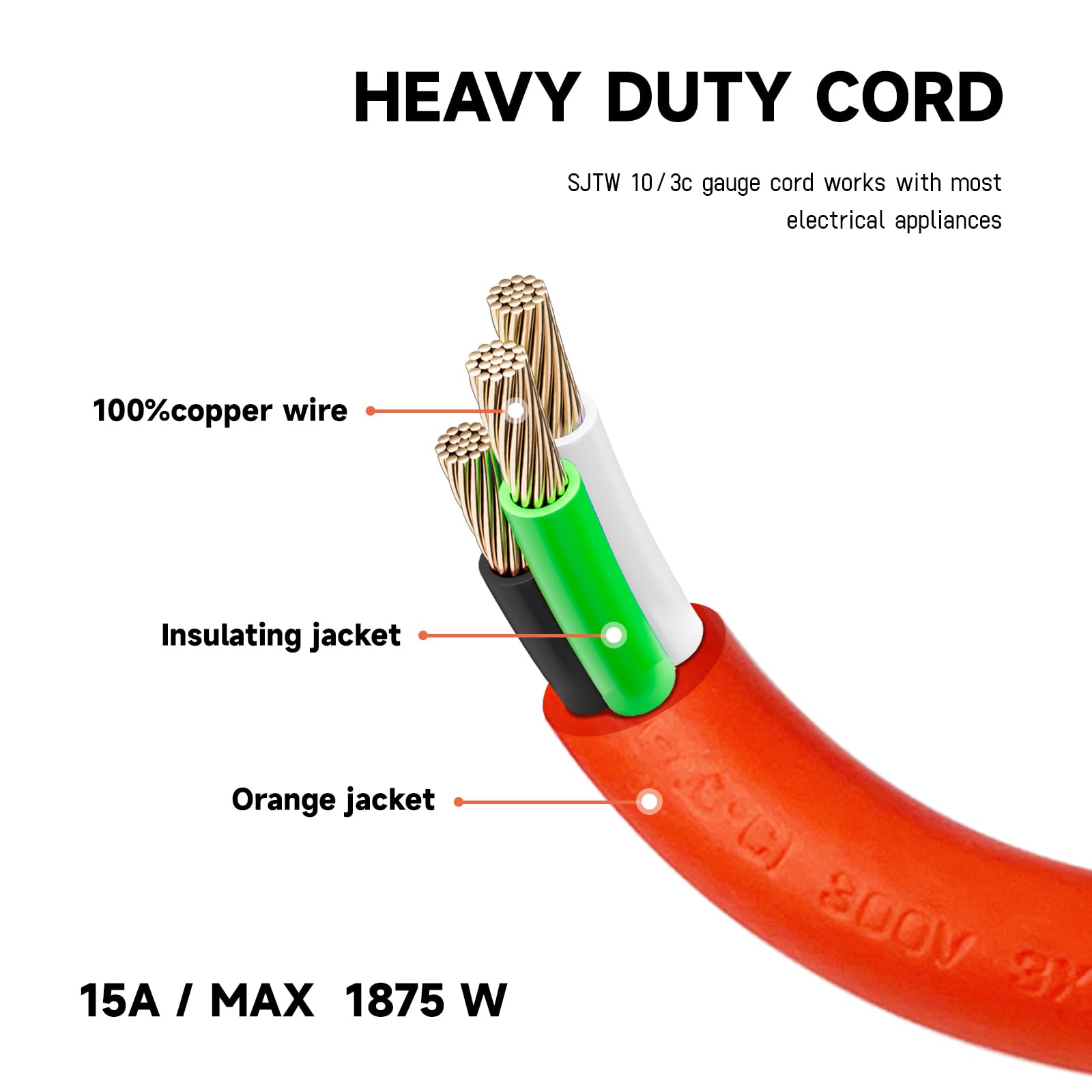 Ep 10 Ft Lighted Outdoor Extension Cord   10/3 Sjtw Heavy Duty Orange Extension Cable With 3 Prong Grounded Plug For Safety, Ul