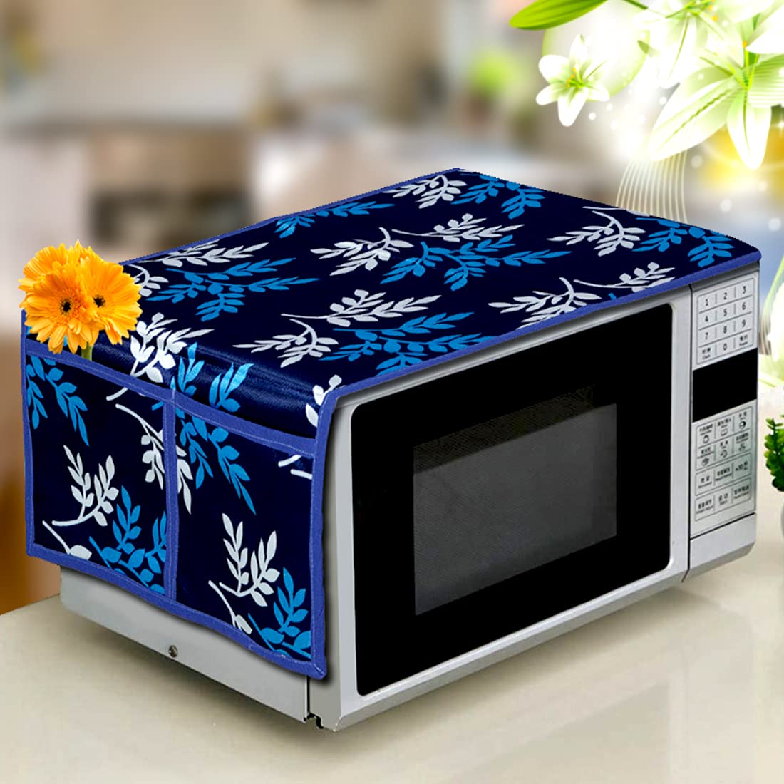 Kanushi Industries Microwave/Oven Top Cover With 4 Utility Pockets (MicroBlueSmallLeaves)