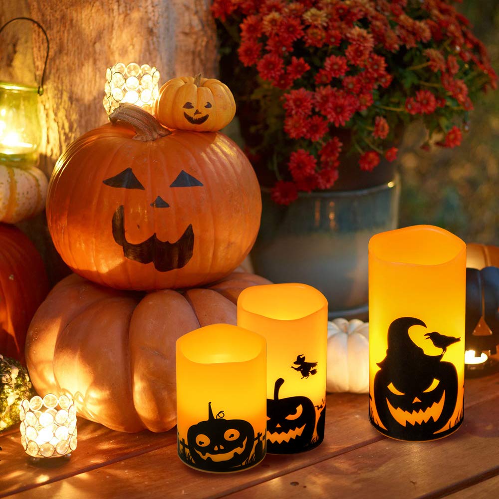 Dromance Pumpkin Flameless Candles Battery Operated With 6H Timer, Set Of 3 Real Wax Led Flickering Pillar Candles Spooky Hallow