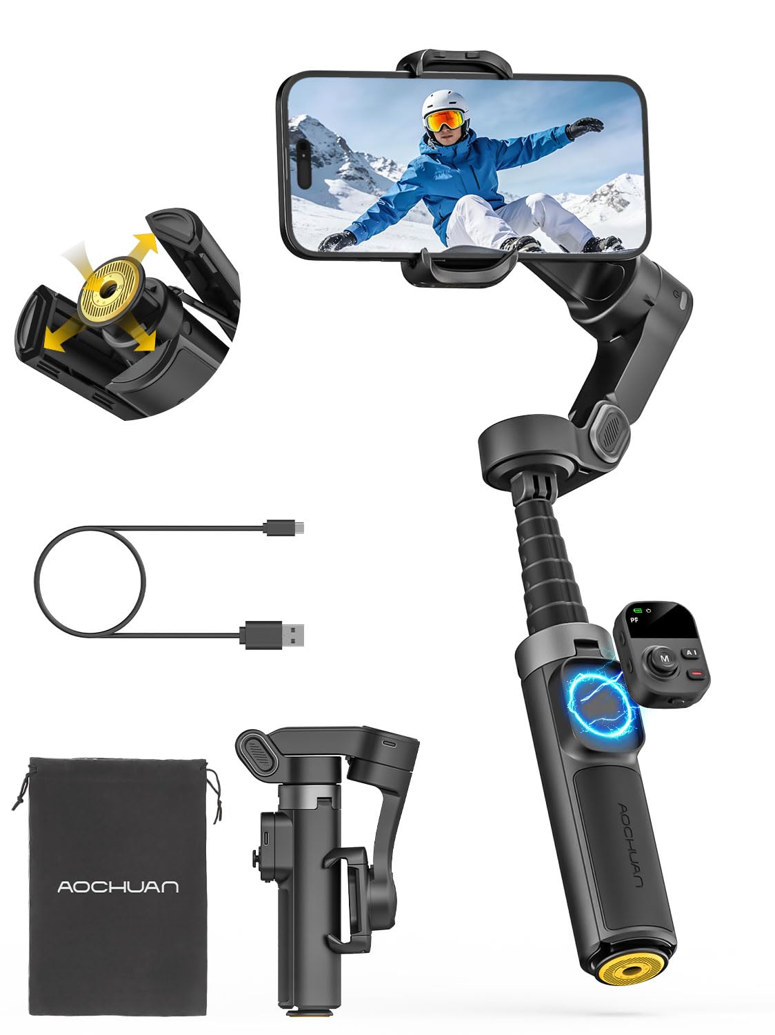 AOCHUAN Smart X3 360 Pan Rotation Gimbal Stabilizer for iPhone, Magnetic Remote Control, 3-Axis Stabilizer w/Built-in Extension 