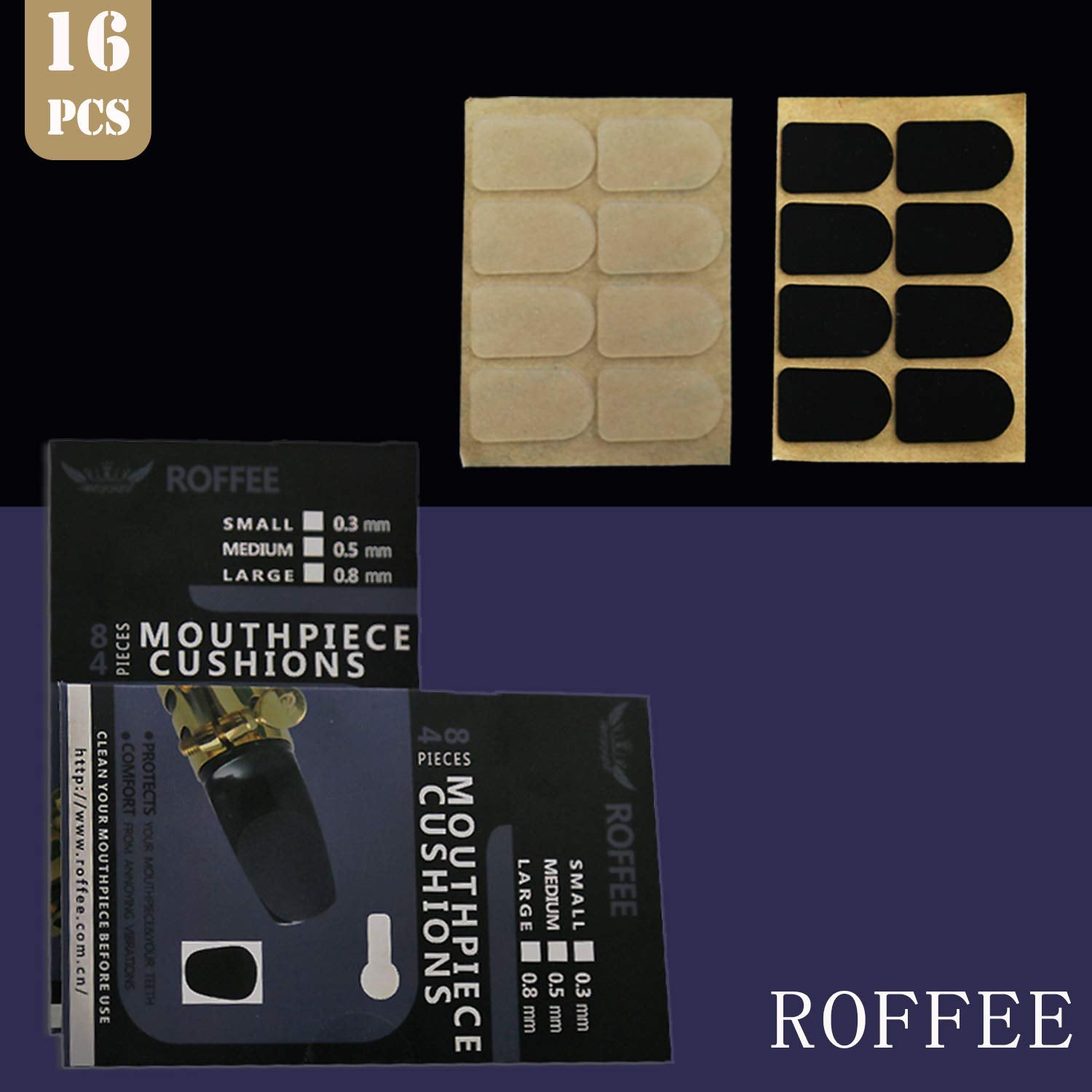 Roffee Clarinet/Soprano Saxophone Mouthpiece Cushions Patches Pads,2 Packs 0.5Mm (8 Pcs Black&8 Pcs White)