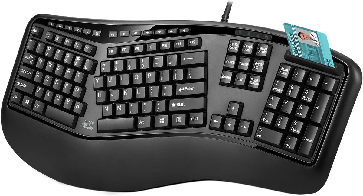 Adesso TruForm AKB-150SB-TAA Desktop Ergonomic Smart Card Reader Keyboard (TAA Compliant), Black
