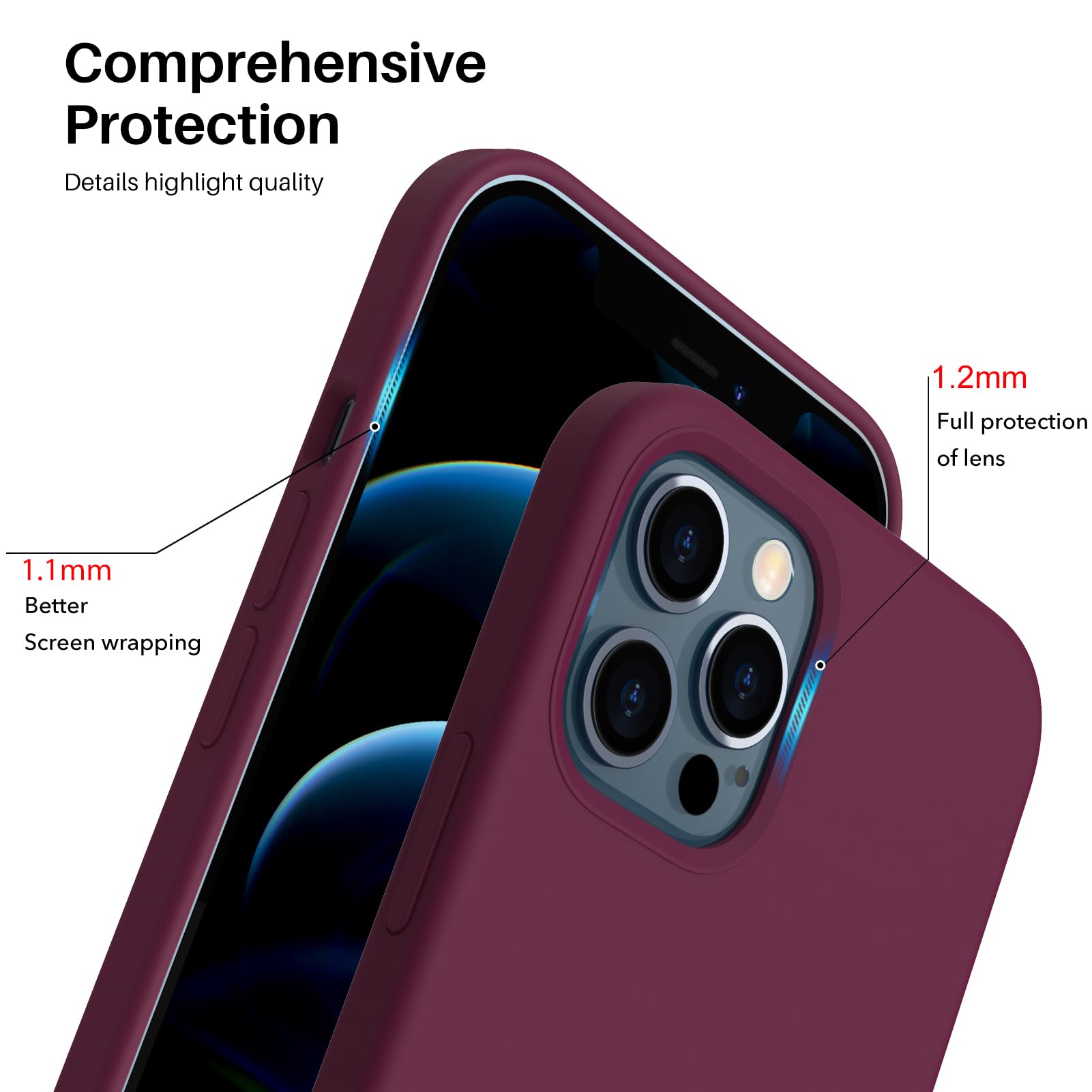 Ornarto Compatible With Iphone 12 Case, Compatible With Iphone 12 Pro Case, Slim Liquid Silicone 3 Layers Full Covered Soft Gel