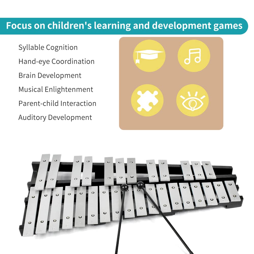 Ennbom 30 Notes Foldable Glockenspiel Xylophone Vibraphone Percussion Instrument (Black Frame, 4 Mallets)