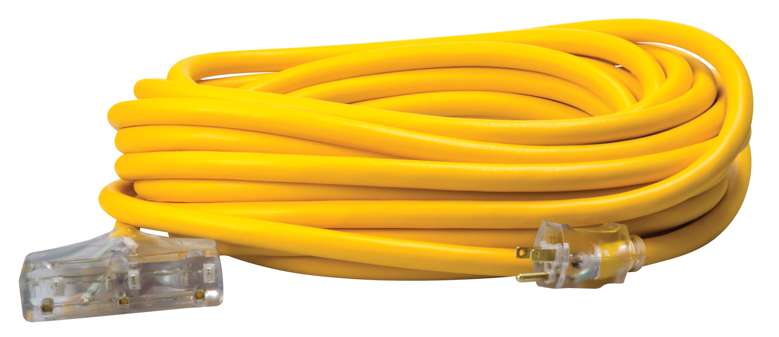 Solar Extra Heavy Duty Extension Cord, 50Ft, 12/3 Gauge, 3 Conductor, 3-Outlet Outdoor Extension Cord, SJEOW, Lighted End, Yello