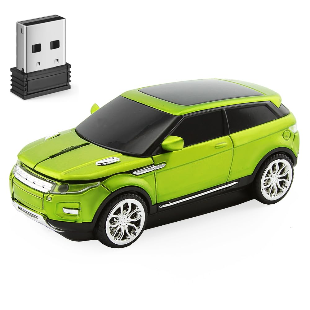 Wireless Car Mouse Green with LED Headlight  Sports Car Shape 2.4GHz Optical USB Computer Mouse, 1600 DPI, 3 Buttons, Portable 