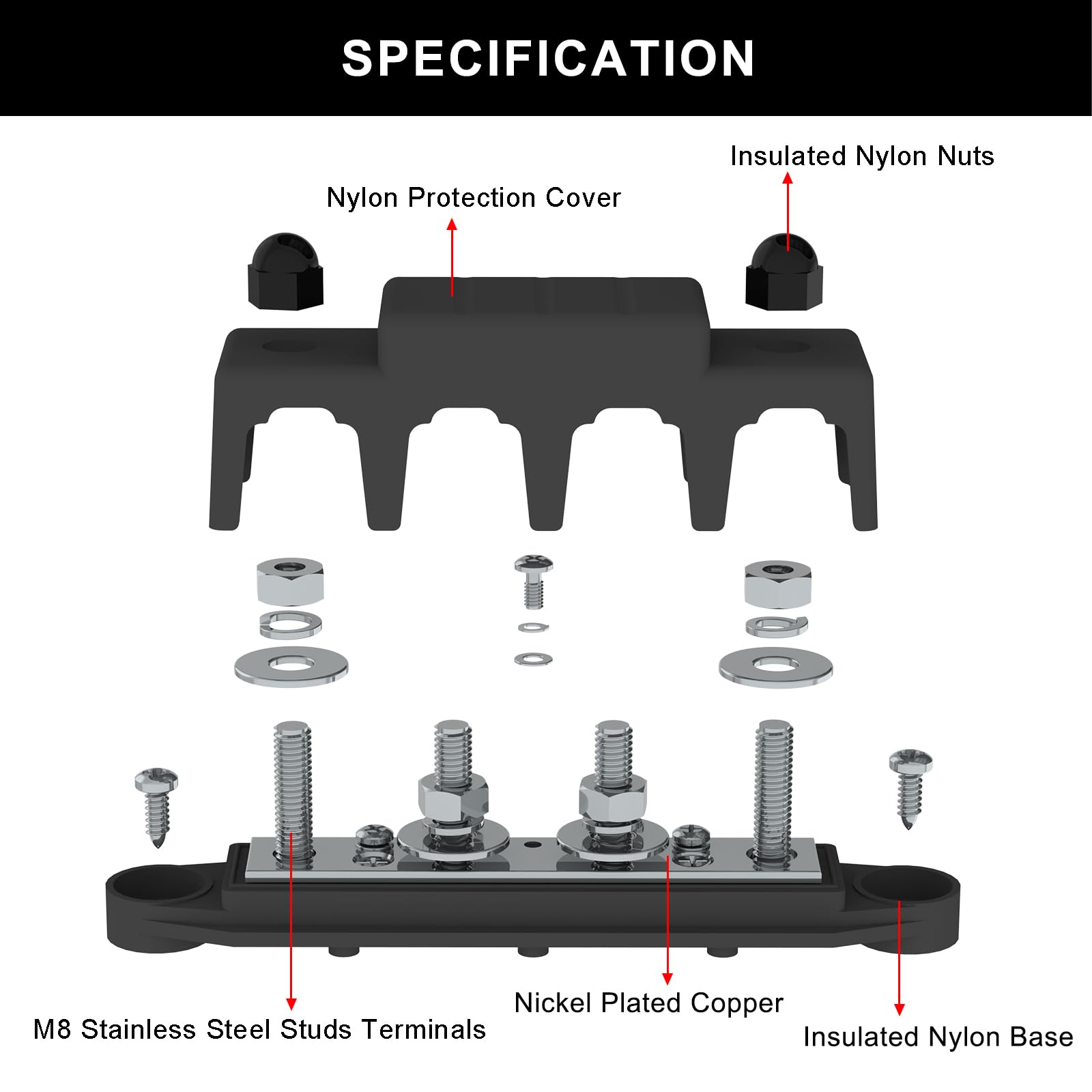 Bus Bar 250A 12V Power Distribution Block With 5/16'' (M8) 4 Posts Terminals Block With Cover For Automotive, Marine, Battery Sy
