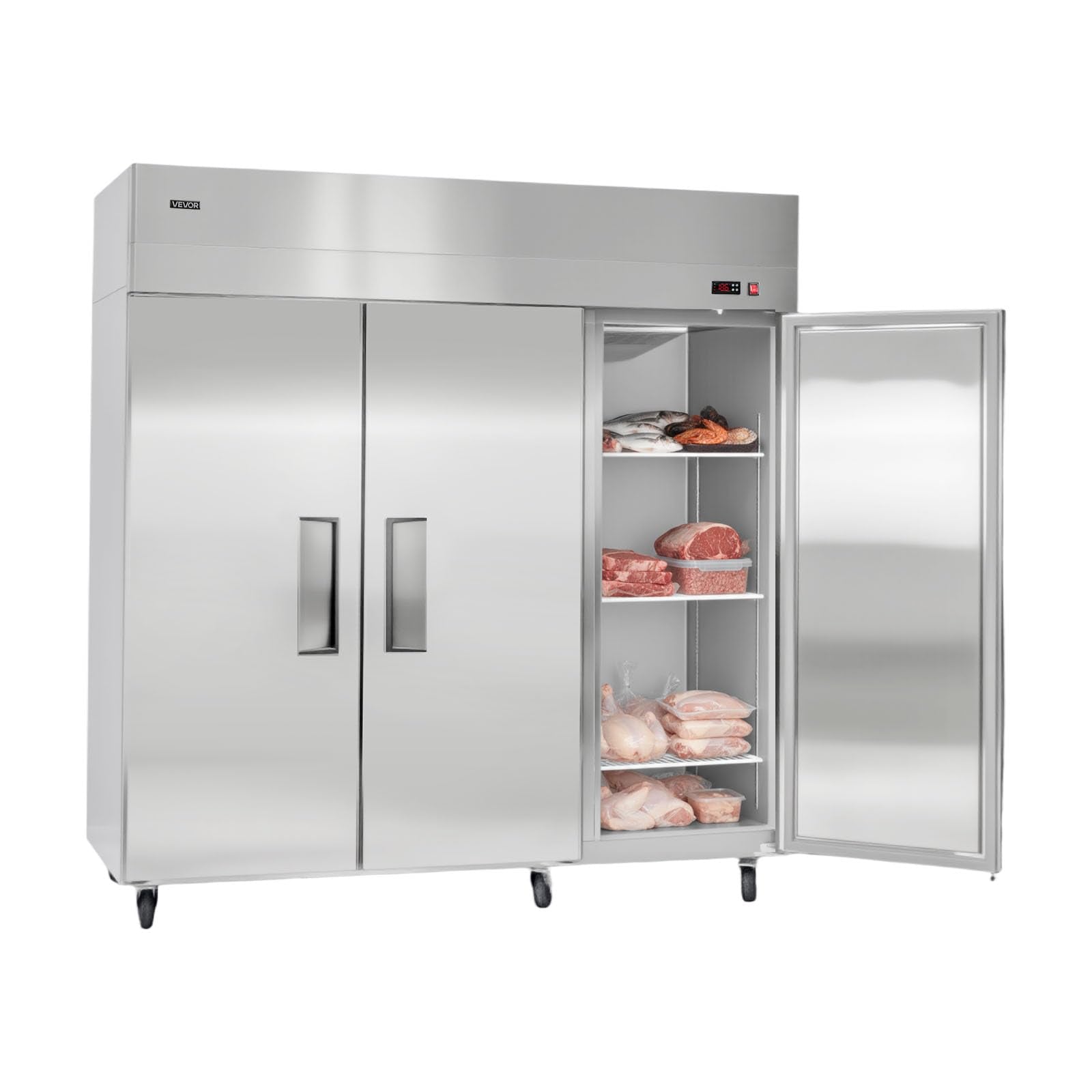 VEVOR Commercial Reach-In Freezer 72 W, 52 Cu.Ft Stainless Steel Upright Freezer with Three Doors, Auto-Defrost, 9 Adjustable Sh