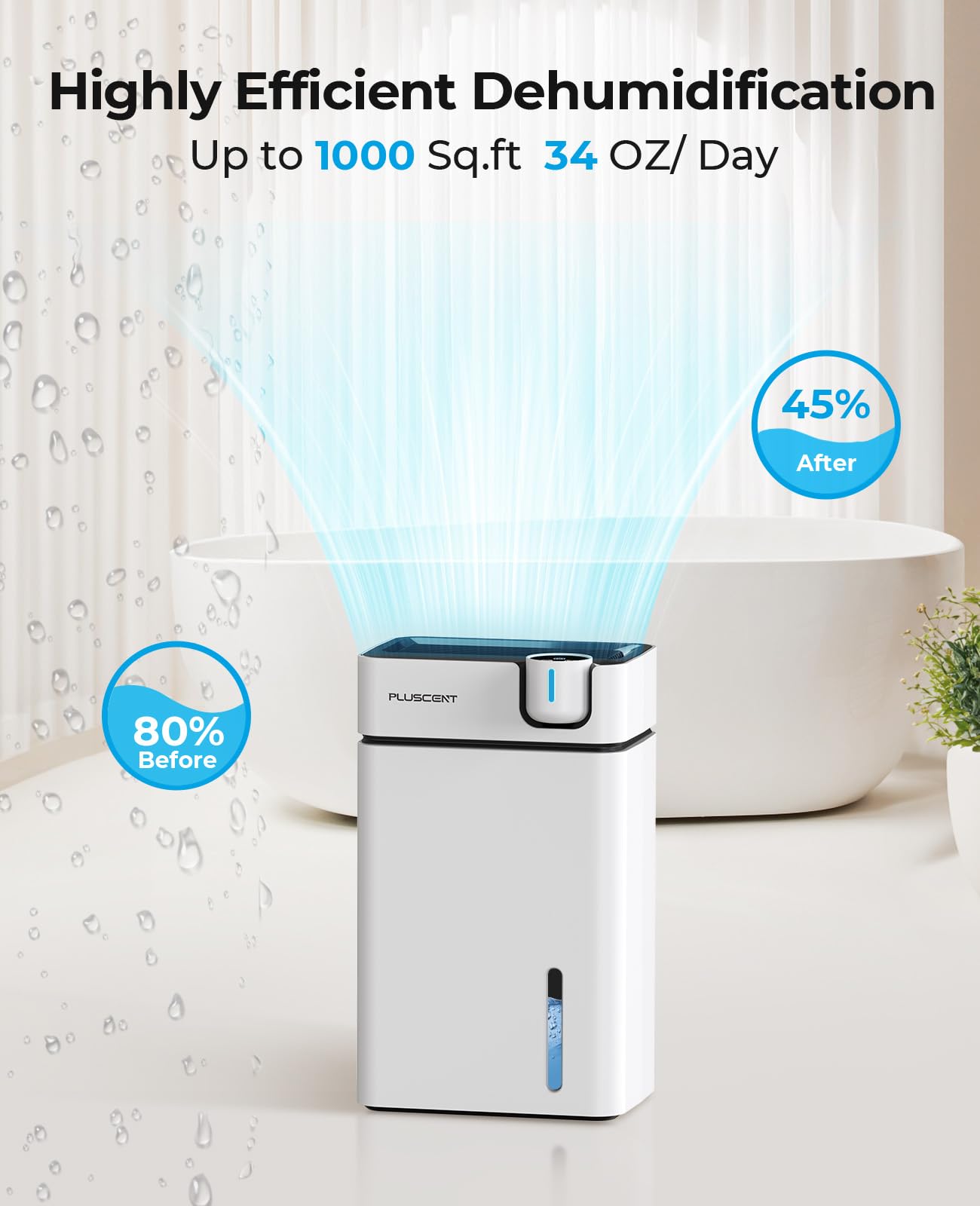 Dehumidifier, Pluscent Dehumidifiers For Home With Drain Hose, 1000 Sq.Ft Dehumidifier For Basement Bathroom Bedroom And Closet,