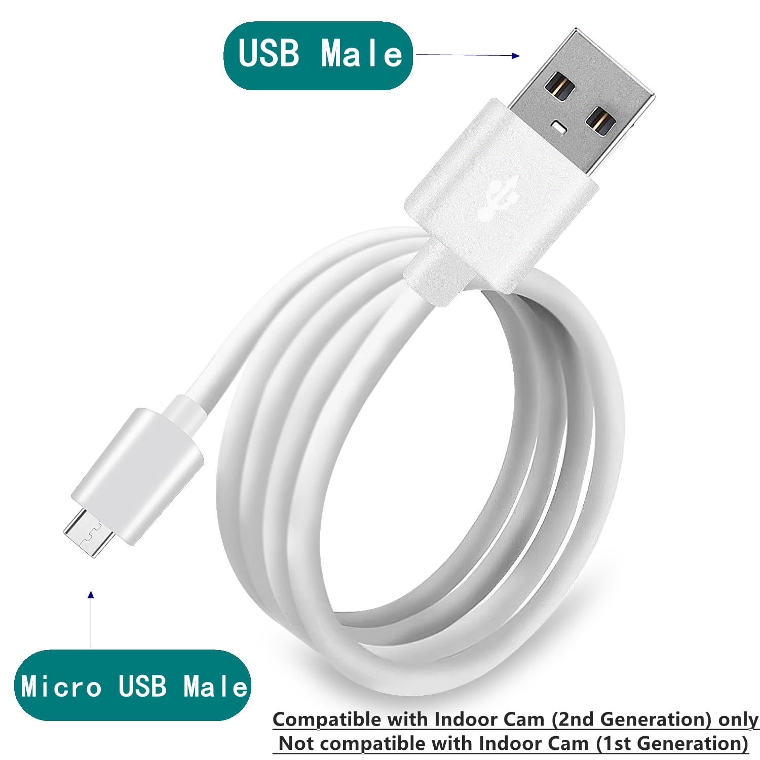 Xsdtech 20 Ft Usb A To Micro Usb Power Cable For Ring Indoor Cam (2Nd Gen) Camera  White