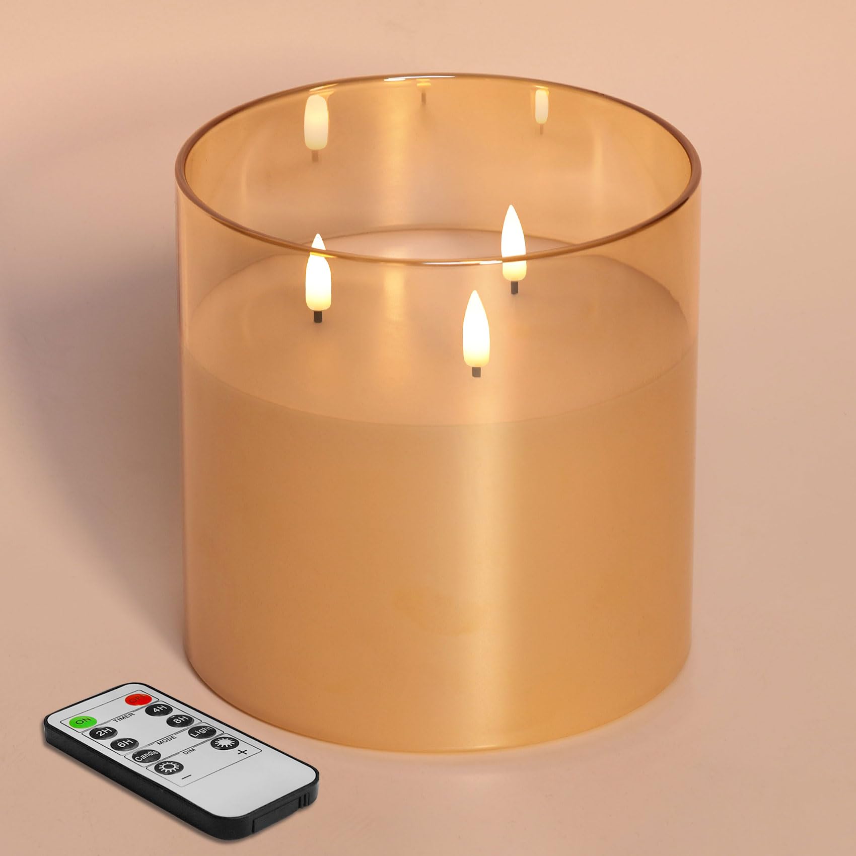 Eywamage 3 Wick Amber Glass Flameless Candle With Remote, Large Flickering Led Battery Pillar Candle F 6'' H 6''