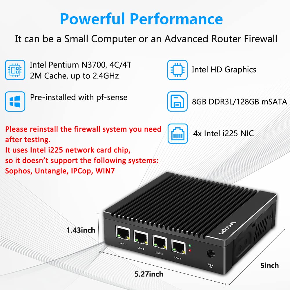 Vnopn Micro Firewall Appliance N3700 Quad Core, 2.5Gbe Intel 4 Ports Dual Hd, Fanless Mini Pc 8Gb Ddr3 128Gb Msata Ssd, Network