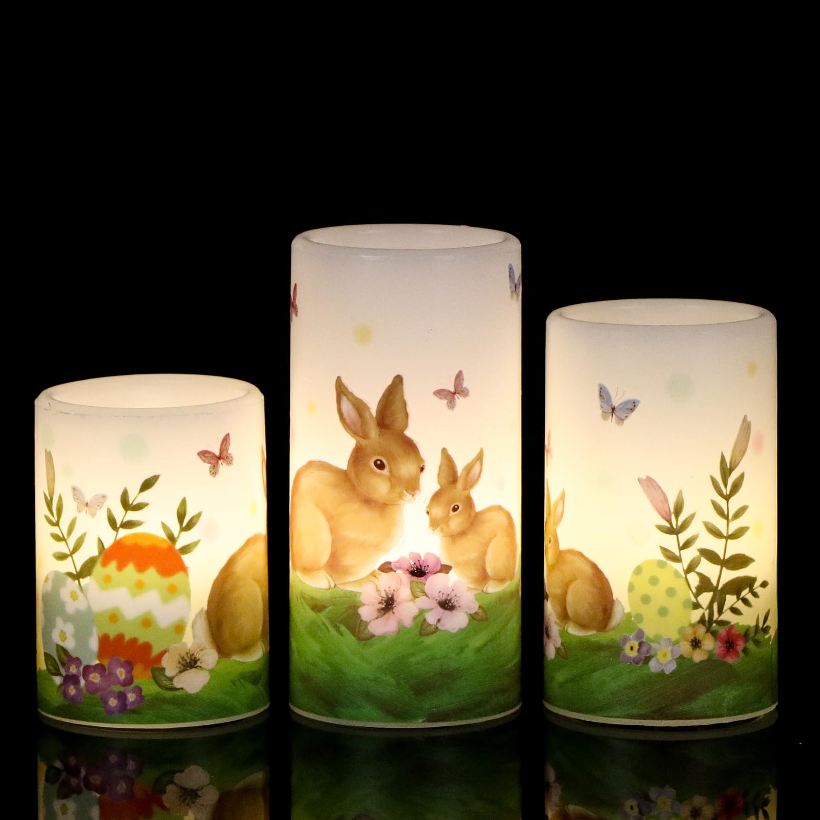 Wondise Easter Bunny Flameless Candles With 6Hrs Timer, Battery Operated Pillar Candles With Easter Eggs Lilies Real Wax Flicker
