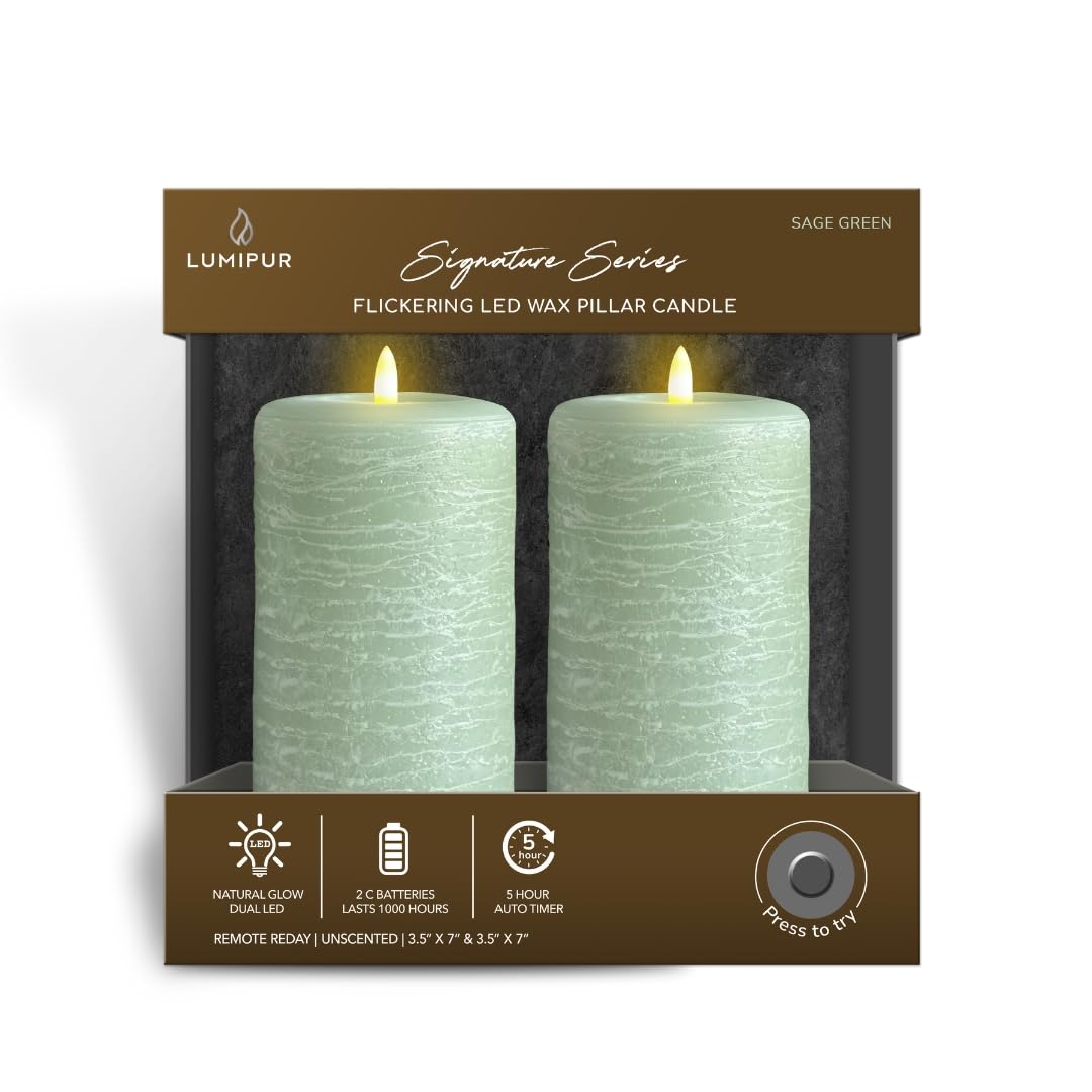 Lumipur Signature Natural Glow Flameless Wax Pillar 2 Pack Led Candle 3.5'' X 7'' Sage Green