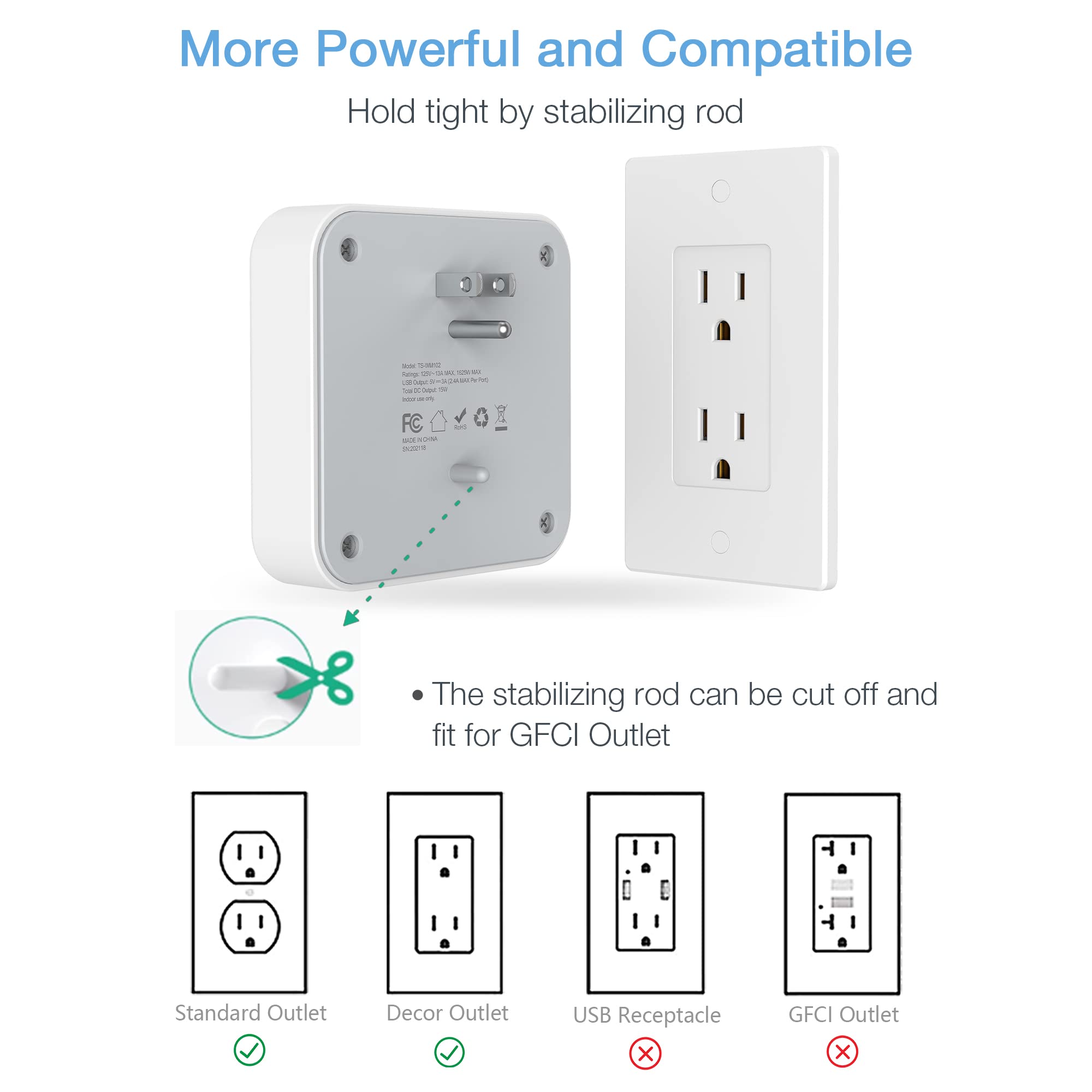 Multi Plug Outlet Splitter, Tessan Widely Spaced Outlet Extender With 4 Electrical Outlets, Multiple Outlet Wall Plug Expander S