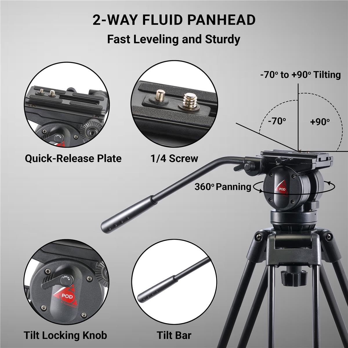 3Pod V3Ah 3 Section Aluminum Video Tripod For Camera, Professional Camera Tripod With 2 Way Fluid Head, Mid Level Spreader, Quick Release Plate, Max Load 8.8 Lbs., 61' Max Height Heavy Duty Tripod