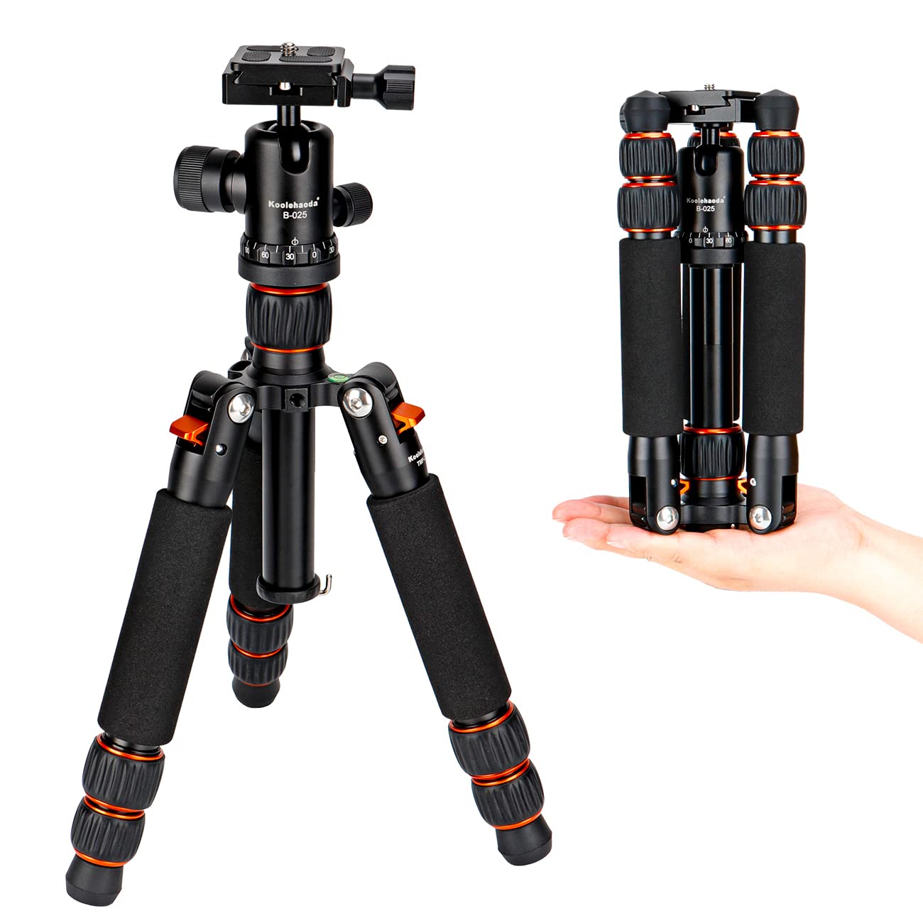Koolehaoda Mini Tripod Aluminum Alloy 7"-25" Adjustable 360° Ball Head, Load up to 22lbs, Orange, Model TMP-223