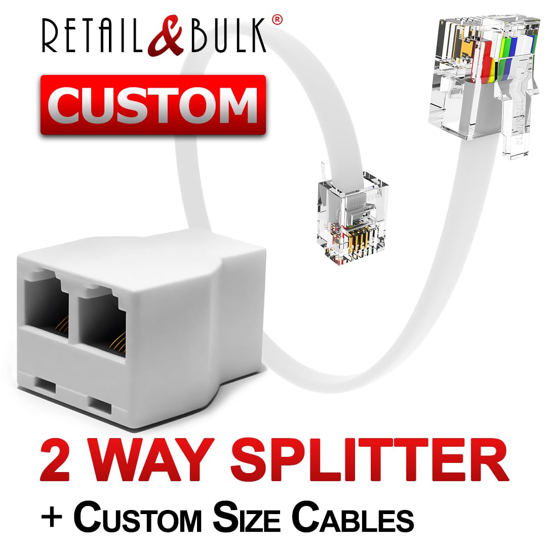 Retailandbulk Phone Jack Splitter For Landline Duplex In Line 6P4C Telephone Adapter + Customizable Telephone Cable � 2 Inch To 15 Ft (White, Made In Usa)