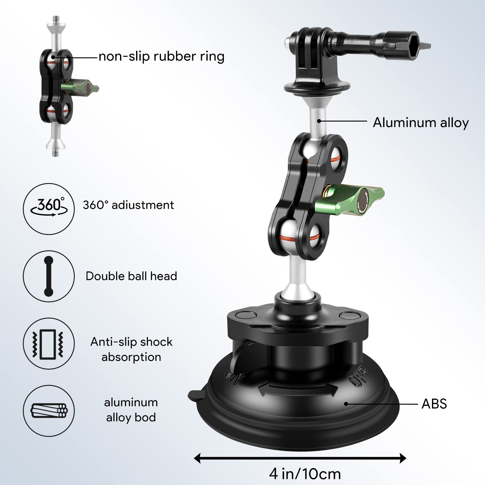 Reygeak Aluminum Alloy Car Suction Cup Camera Mount,With Phone Holder With 1/4 Thread,Windshield Vehicle Attach For Gopro Hero13/12/11/10/9 Black Dji Pocket 3/Action 5/4,Insta360 X4/X3 Accessories