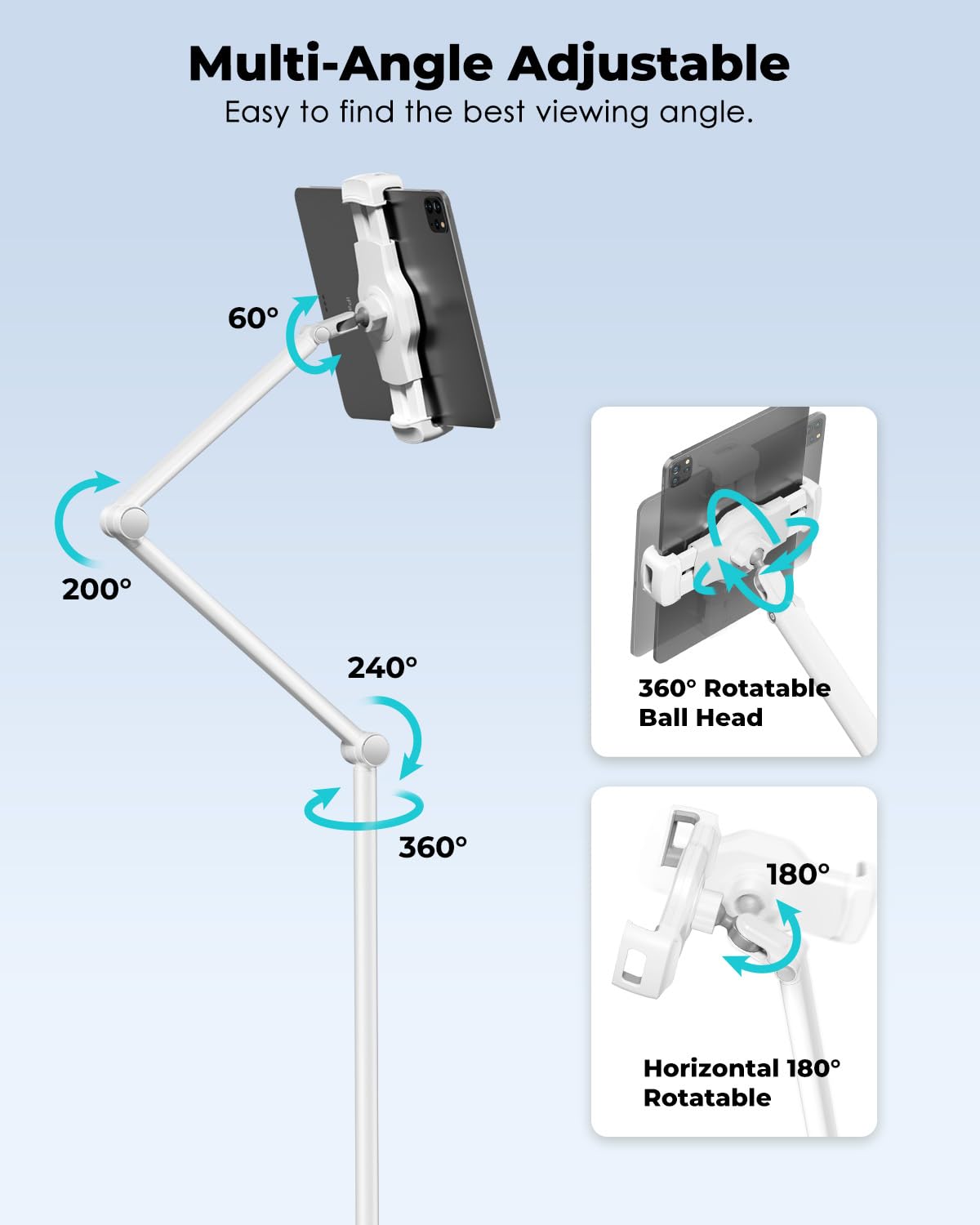Viozon Tablet Floor Stand Holder, Compatible with 4.7' 13' Phone/Tablet, iPhone 15 Plus/Pro Max iPad,Kindle, 68' Phone Stand, Aluminum Alloy, Universal 360� Rotatable,for Bed,Sofa,Desk,White