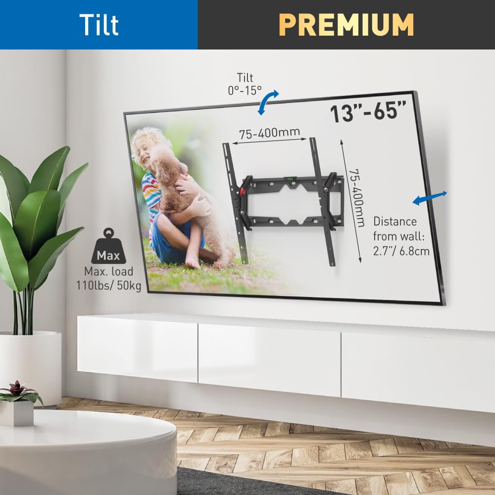 Barkan Tv Wall Mount, 19   65 Inch Tilt, Flat / Curved Screen Bracket, Holds Up To 110 Lbs, Auto Lock Patented, Lifetime Limited