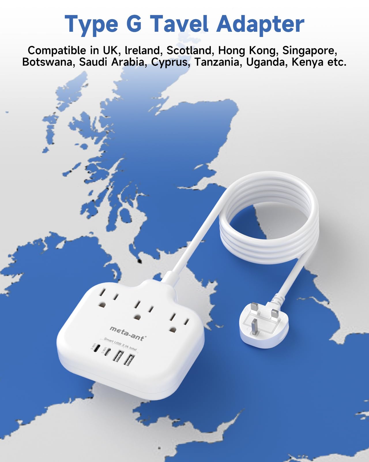 Type G Adapter For Travel,Meta Ant Us To Uk Travel Adapter With 5Ft Extension Cord,3 Outlets 4 Usb(2 Usb C), Type G Uk Ireland T