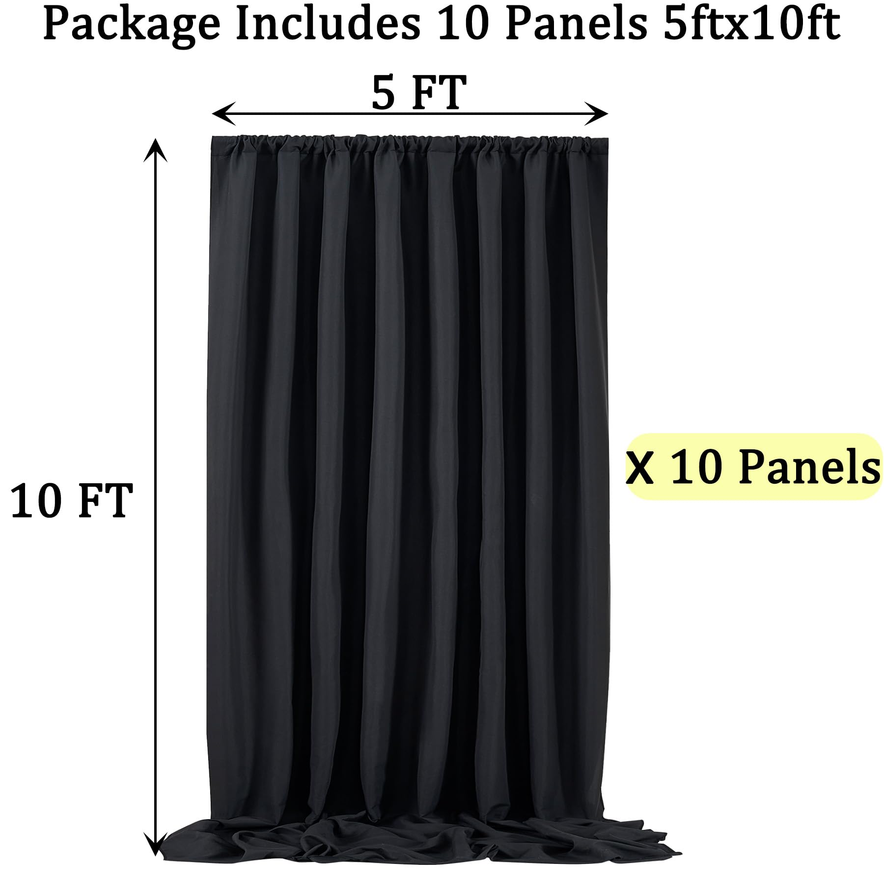 50Ft X 10Ft Black Backdrop Curtain Panels For Parties, Thick Polyester Wedding Black Photo Backdrop Drapes 10 Panels 5X10Ft For