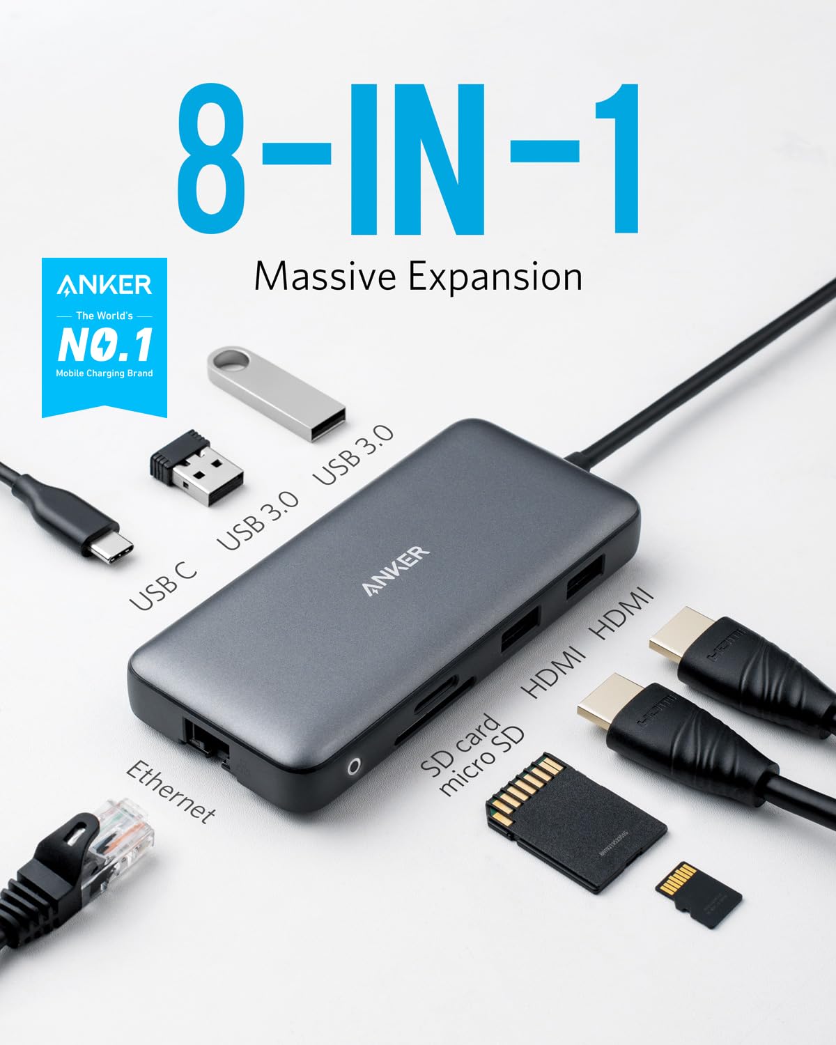 Anker 553 Usb C Hub, 8 In 1 Usb C Dock, Dual 4K Hdmi Usb C To Usb Adapter, 1 Gbps Ethernet Usb Hub, 100W Power Delivery, Sd Card