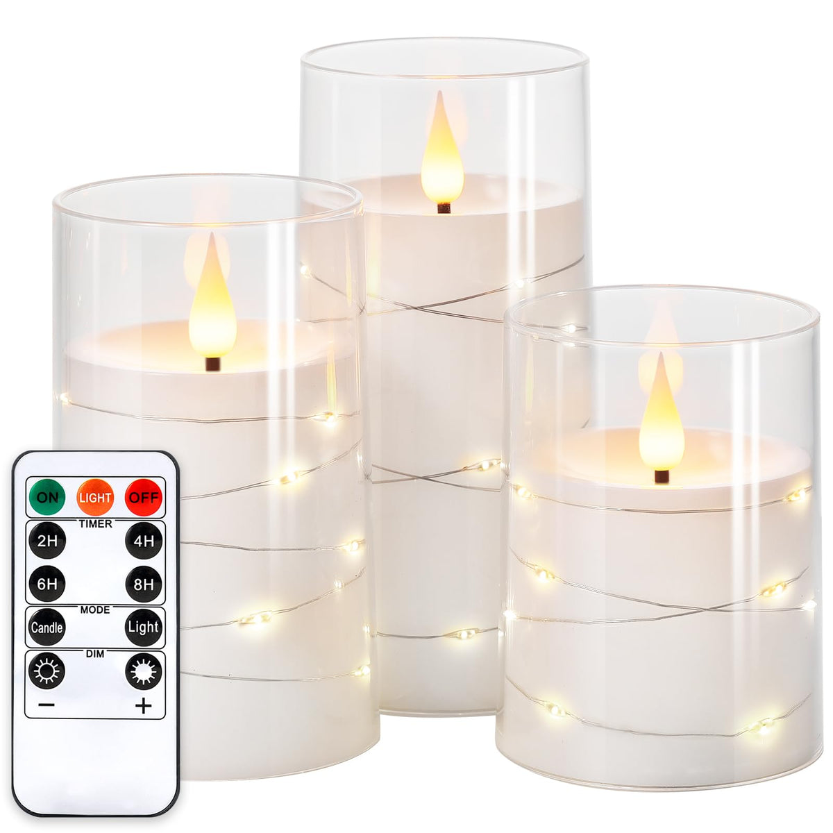 NURADA Flickering Flameless Candles: Built-in Star String Lights Acrylic 3D Wick Battery Operated LED Pillar Candles with Remote