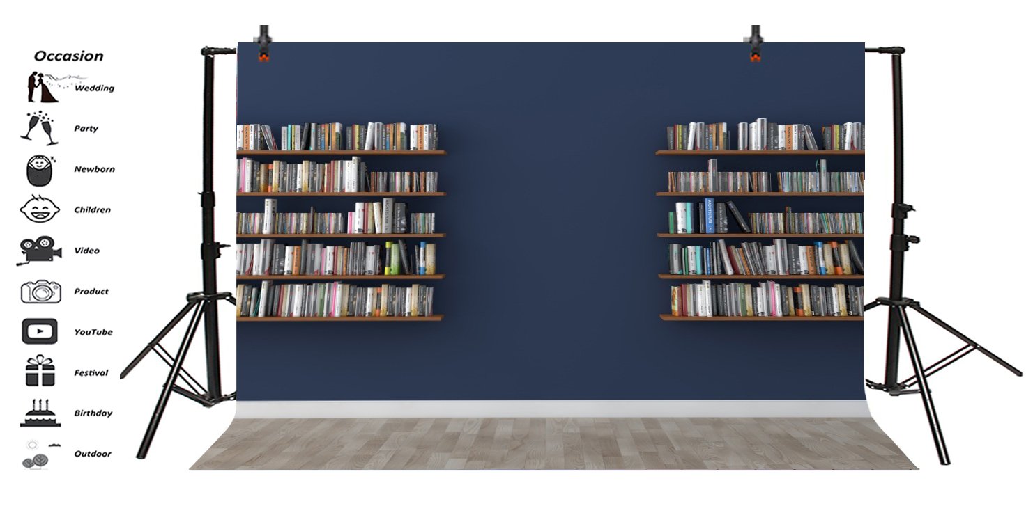 Leyiyi 5X3Ft Photography Background Study Interior Backdrop Happy Birthday Wooden Bookshelf Wedding Booth Grunge Cement Floor Hardcover Books Reading Office Photo Portrait Vinyl Studio Video Prop